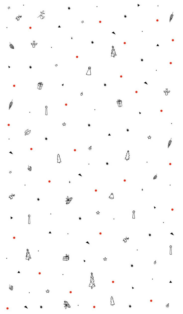 Simple Christmas White Designs, minimalist holiday pattern, scattered black line drawings of trees gifts and stars, SD Phone Wallpaper