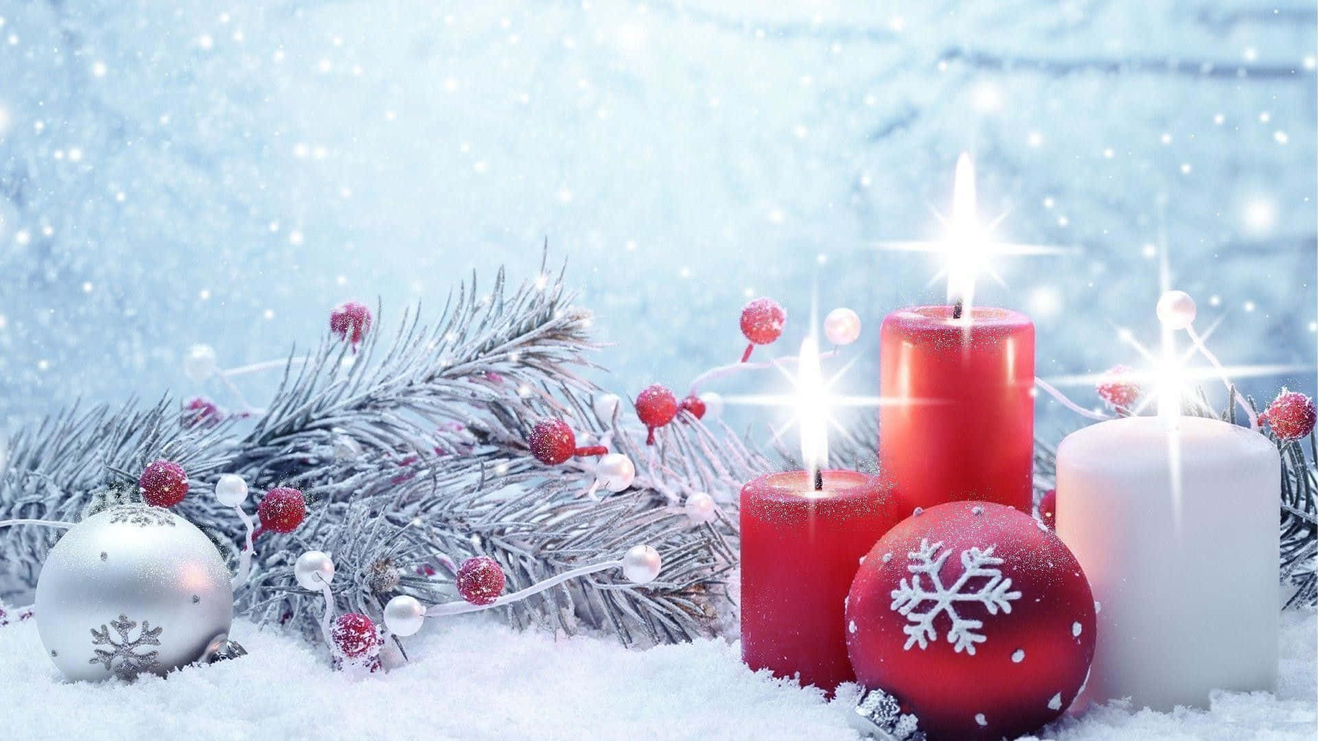White Christmas, red candles, frosted pine branches, Full HD Desktop Wallpaper