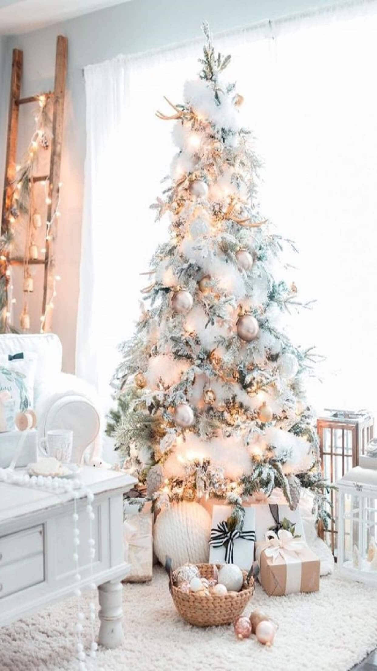 White Christmas Tree, flocked Christmas tree, gold and white ornaments, Full HD Phone Wallpaper