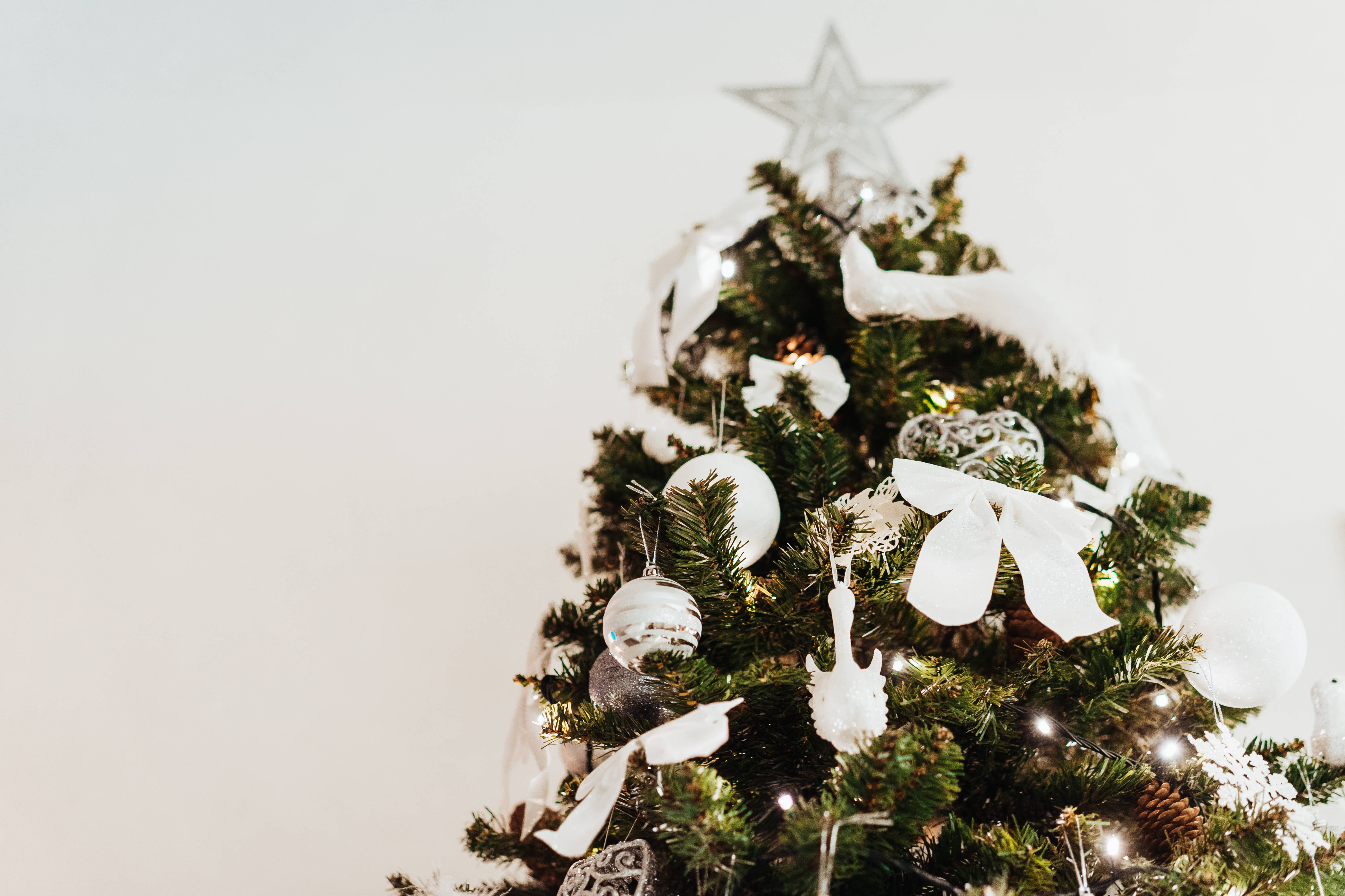 Christmas tree, white ornaments, white ribbons, 5K Desktop Wallpaper