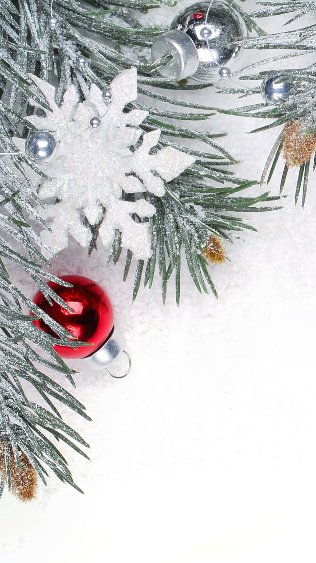 White Christmas Festive Tree Ornaments, frosty pine branches, silver and red ornaments, Full HD Phone Wallpaper
