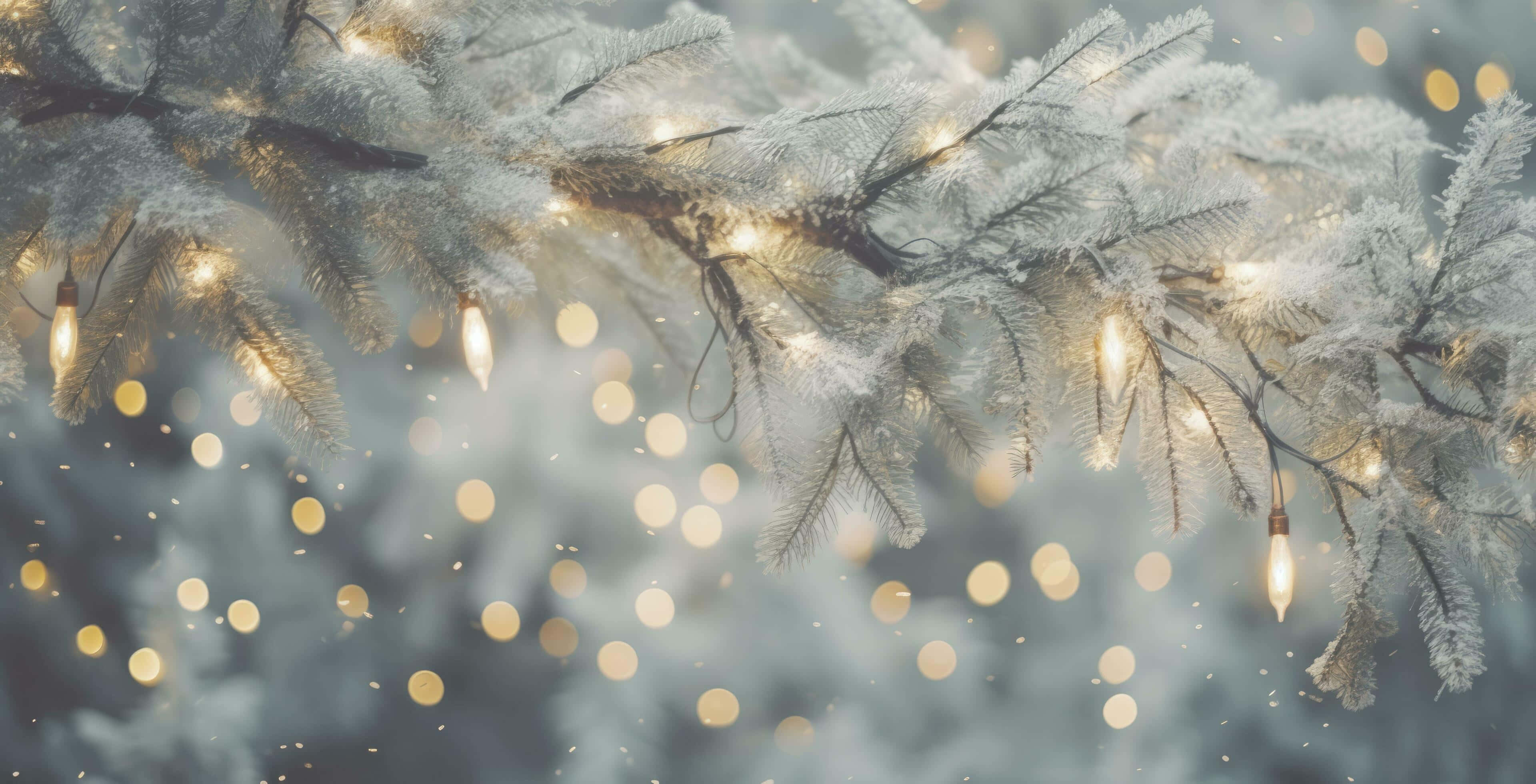 frosted pine branches, glowing string lights, soft bokeh background, 4K Desktop Wallpaper
