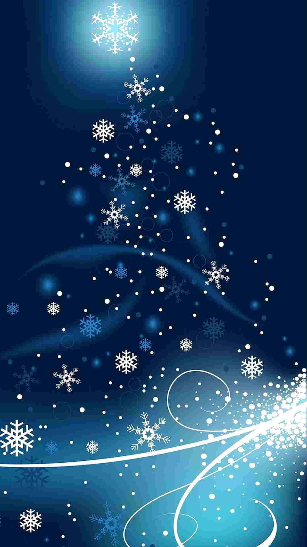 White Christmas iPhone, radiant blue Christmas tree, glowing snowflakes, Full HD Phone Wallpaper