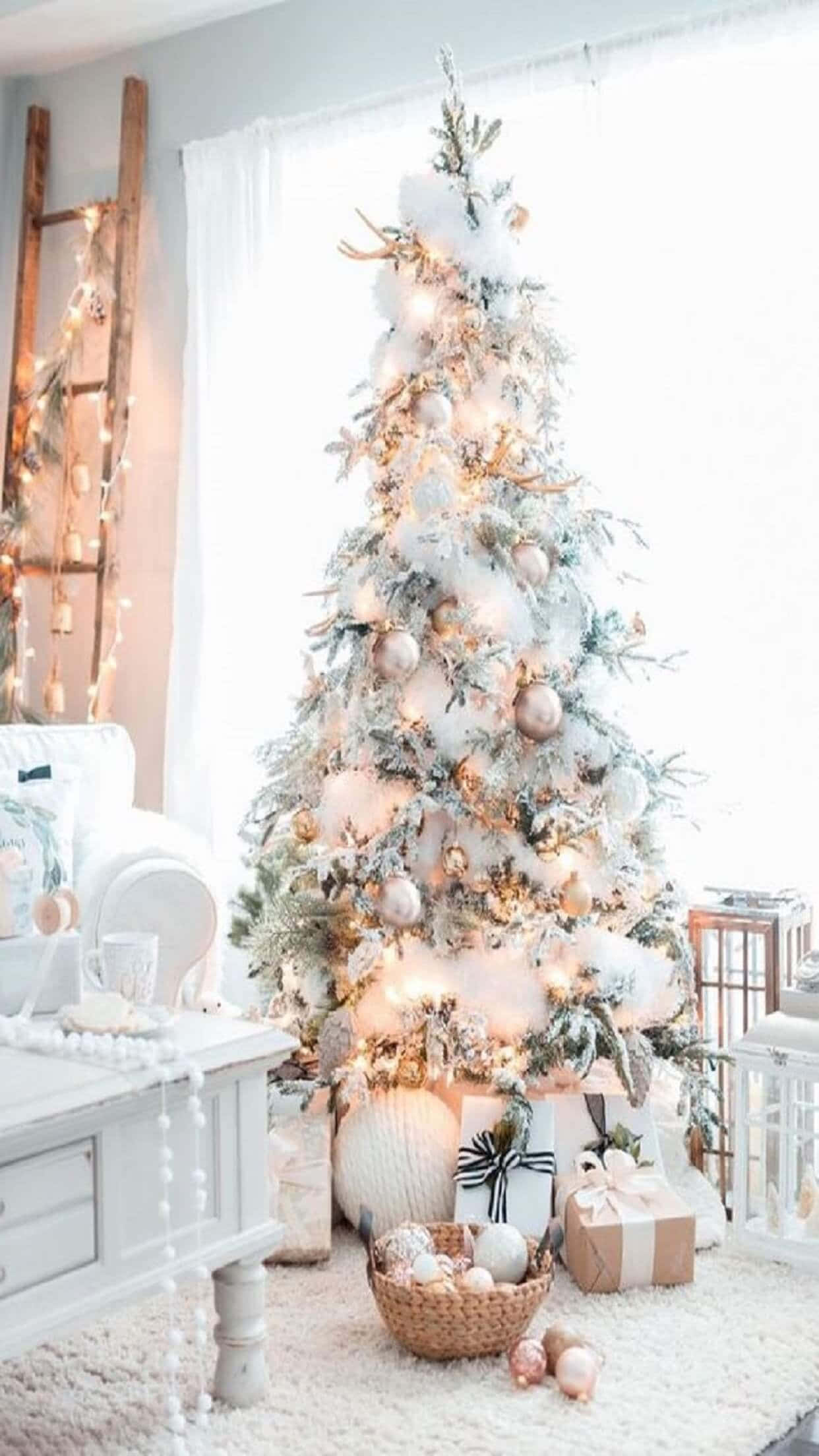 Rose Gold White Christmas Tree, flocked Christmas tree, gold and white ornaments, Full HD Phone Wallpaper