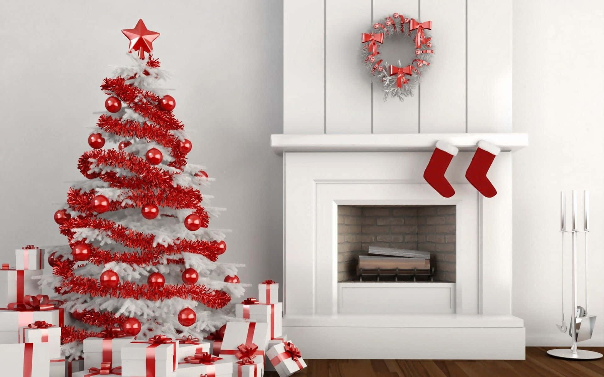 white Christmas tree, red ornaments, tinsel, Full HD Desktop Wallpaper