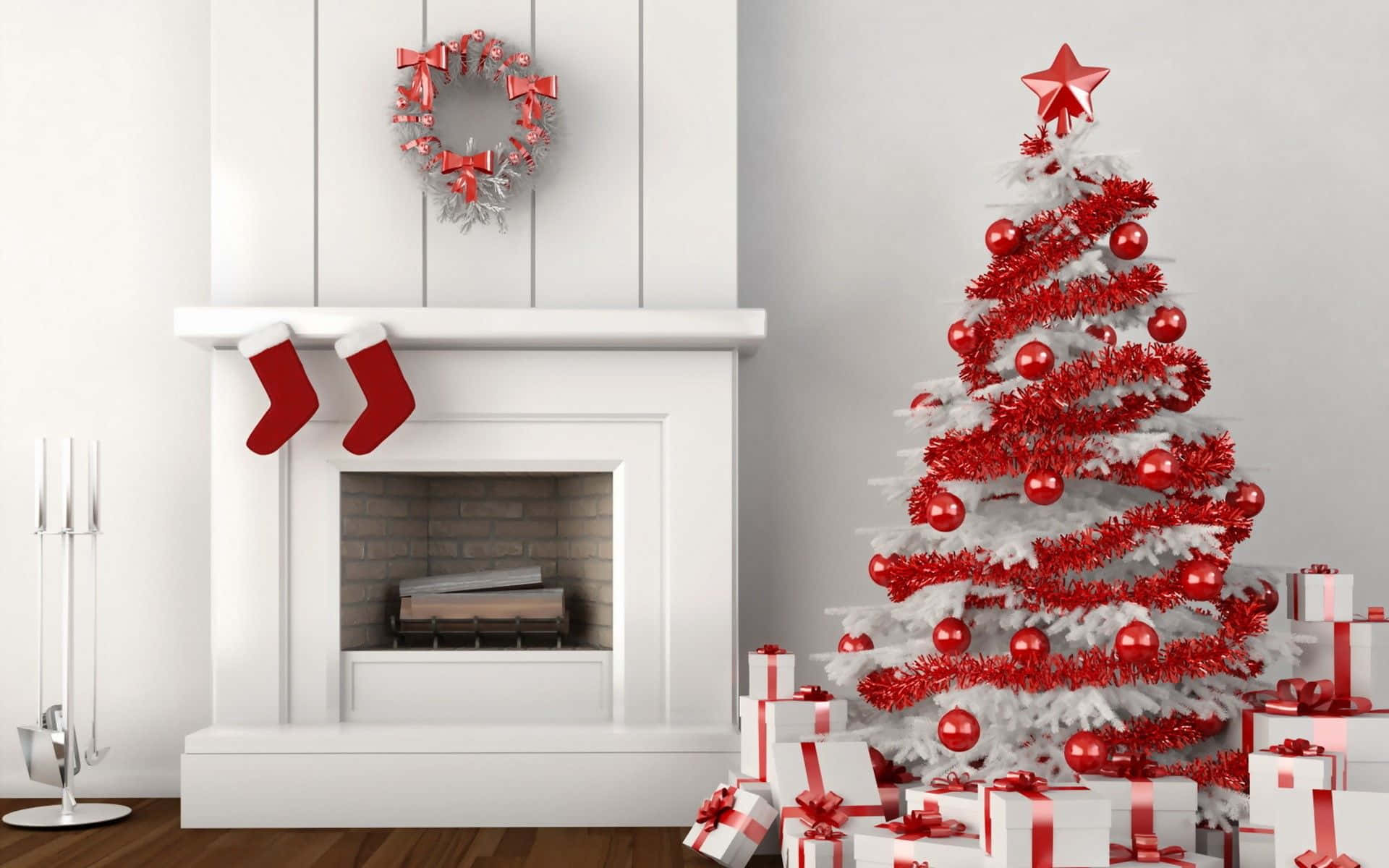 White Christmas, red ornaments, tinsel, Full HD Desktop Wallpaper