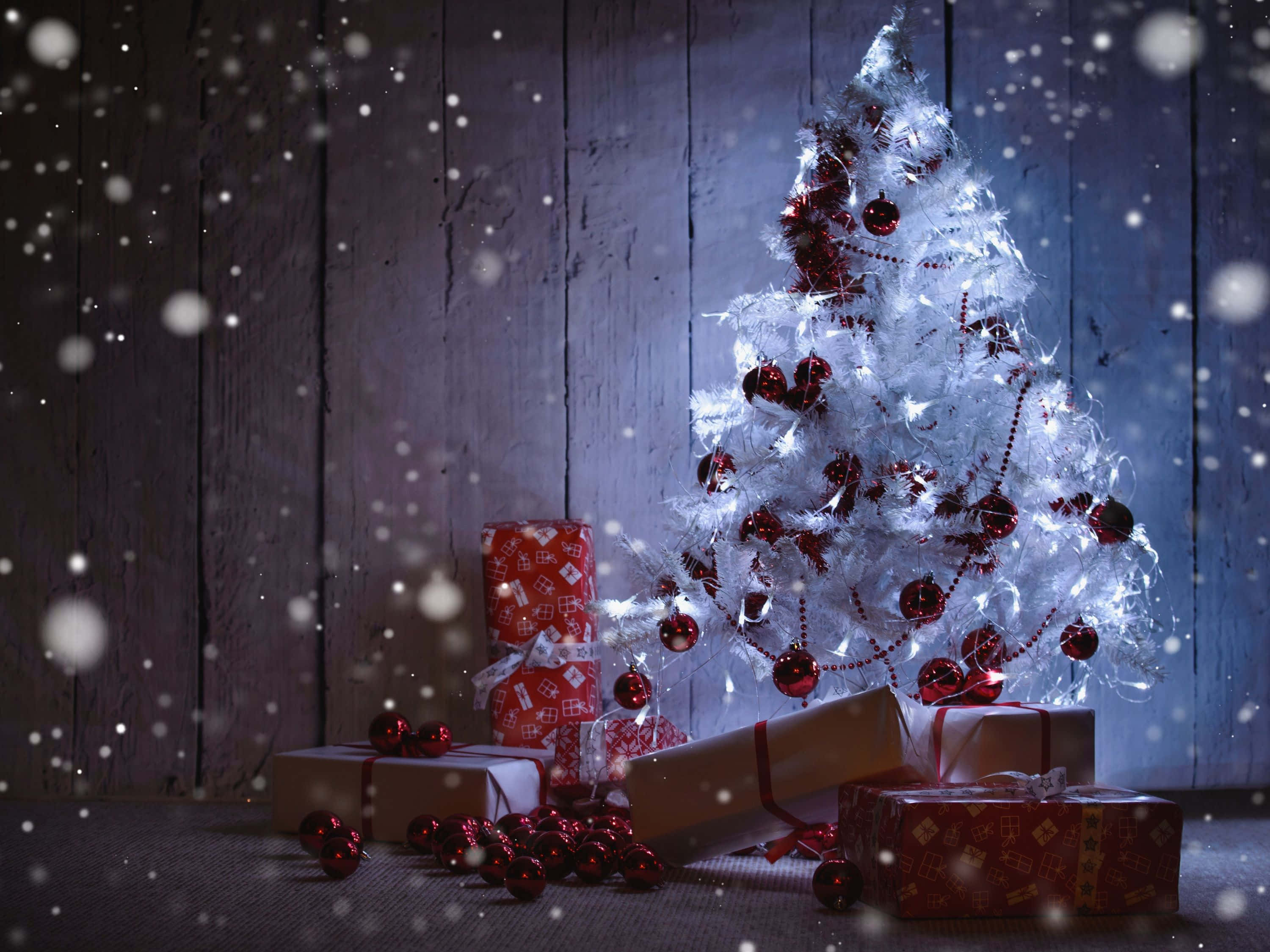 White Christmas Tree, red ornaments, lights, 2K Desktop Wallpaper