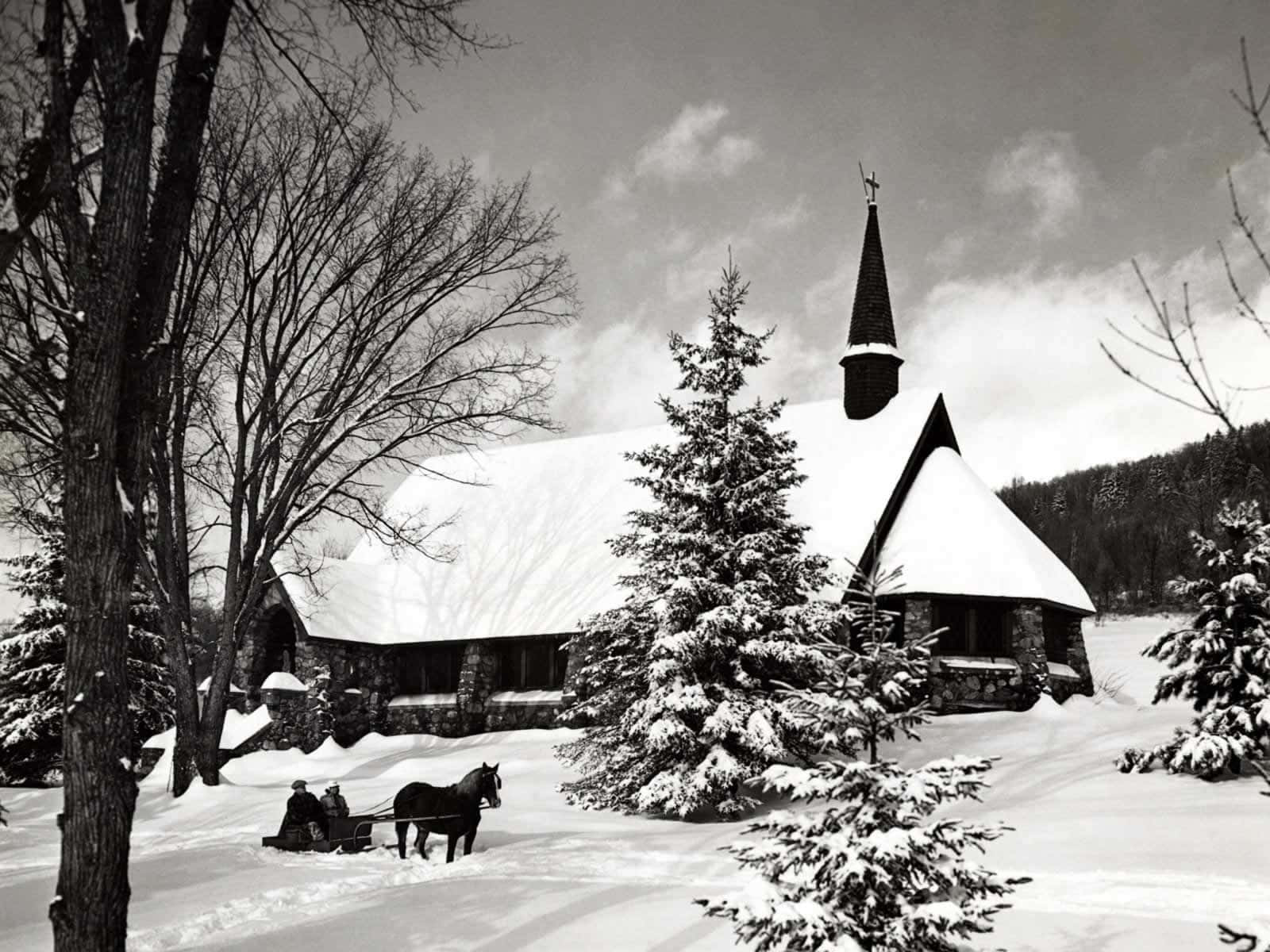 White Christmas, snow-covered church, pointed steeple, HD Desktop Wallpaper
