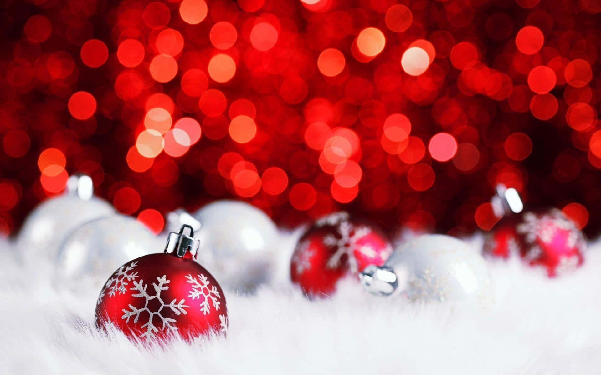 red and silver Christmas ornaments, fluffy white fur, sparkling red bokeh background, Full HD Desktop Wallpaper