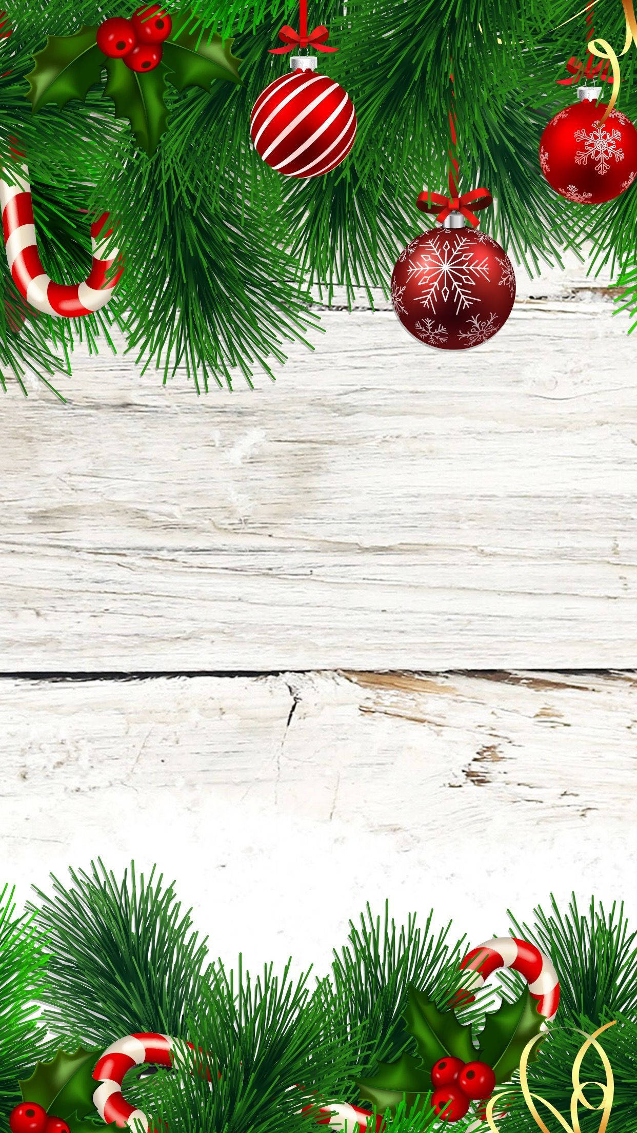 White Christmas, red ornaments, candy canes, Full HD Phone Wallpaper