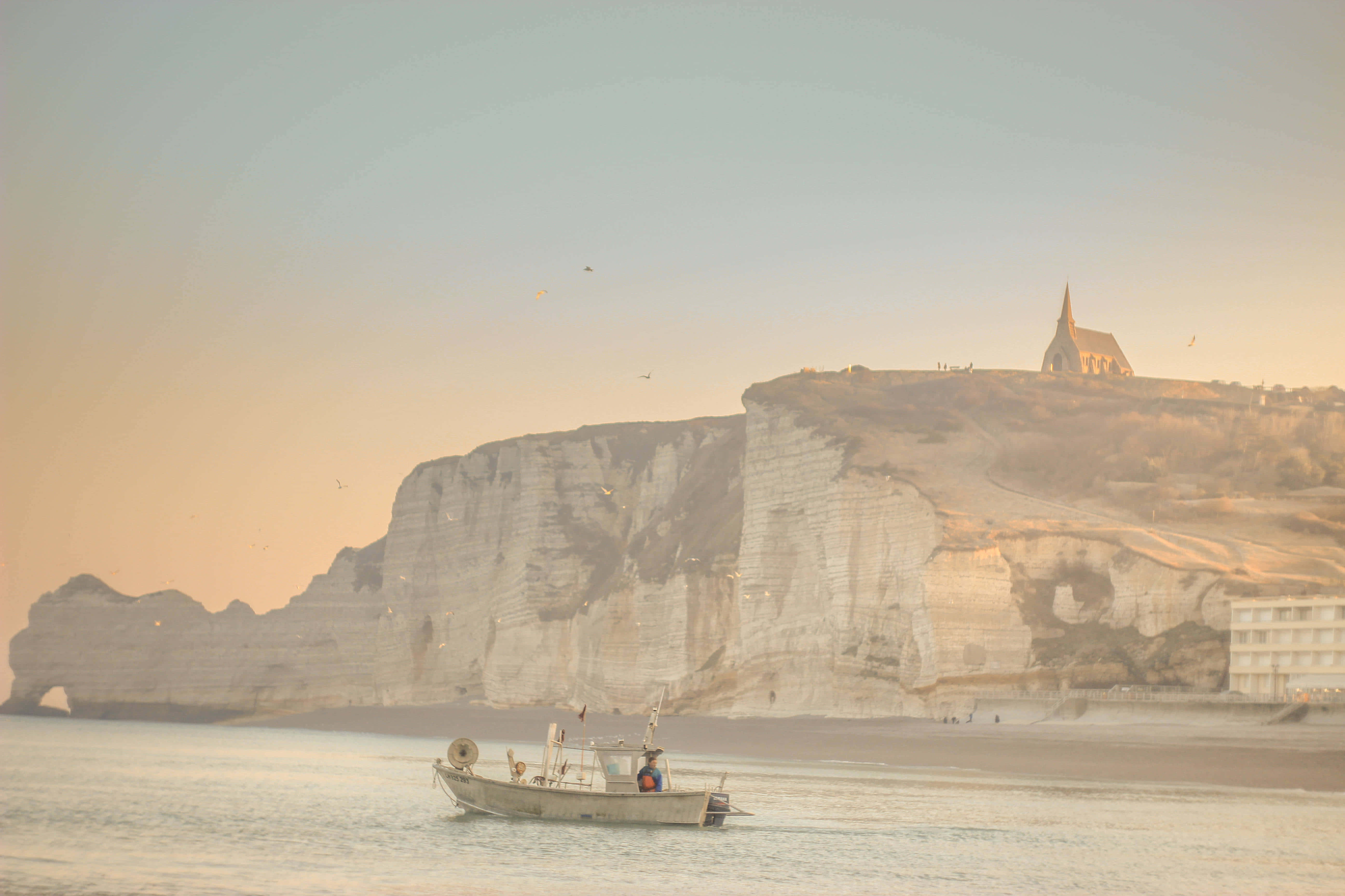 White Cliffs Of Dover, church, sunset, 5K Desktop Wallpaper