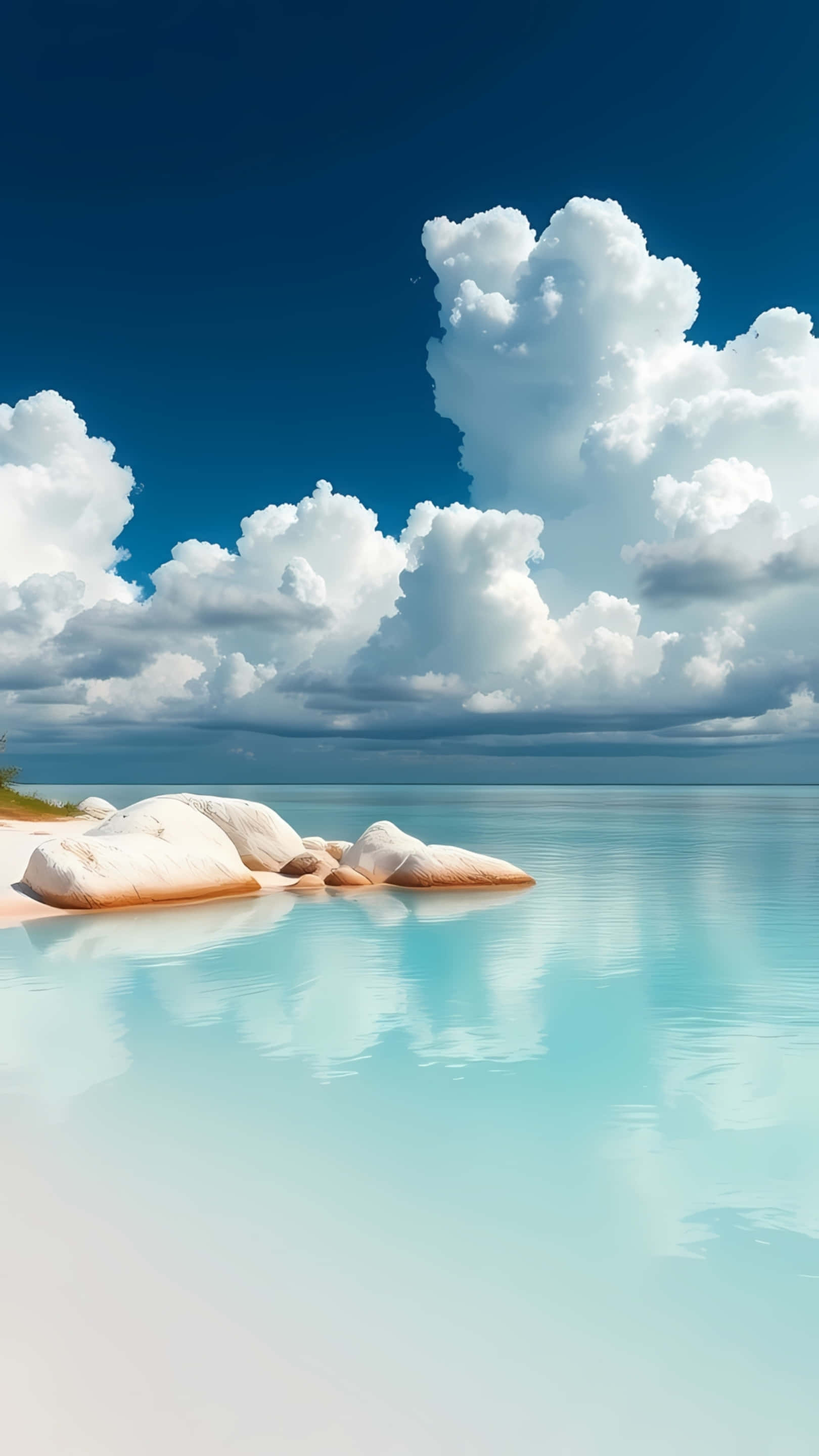turquoise ocean, dramatic white clouds, deep blue sky, 2K Phone Wallpaper