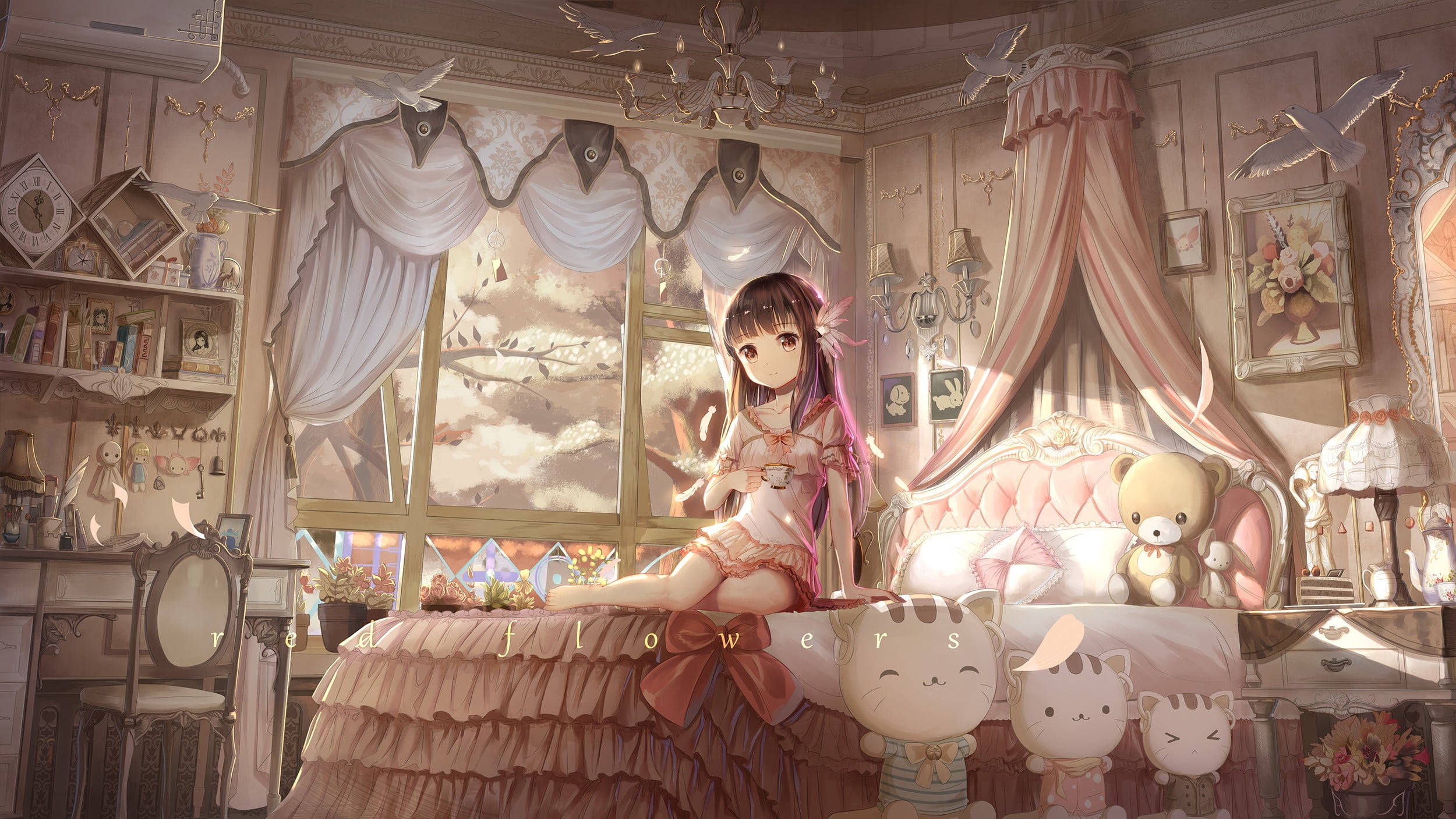 White Dove Princess Bedroom, anime girl, pink dress, Full HD Desktop Wallpaper