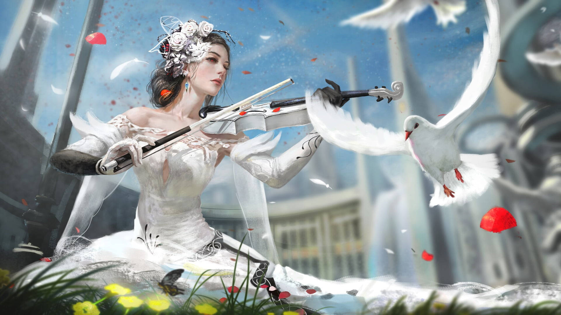 White Dove, white gown, violin, Full HD Desktop Wallpaper