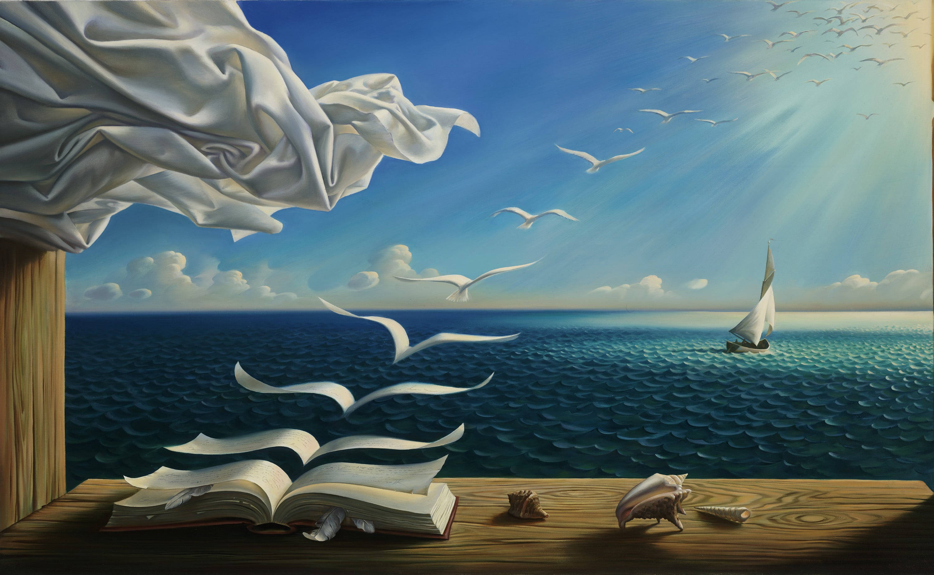 White Dove, fantasy art, open book, 2K Desktop Wallpaper