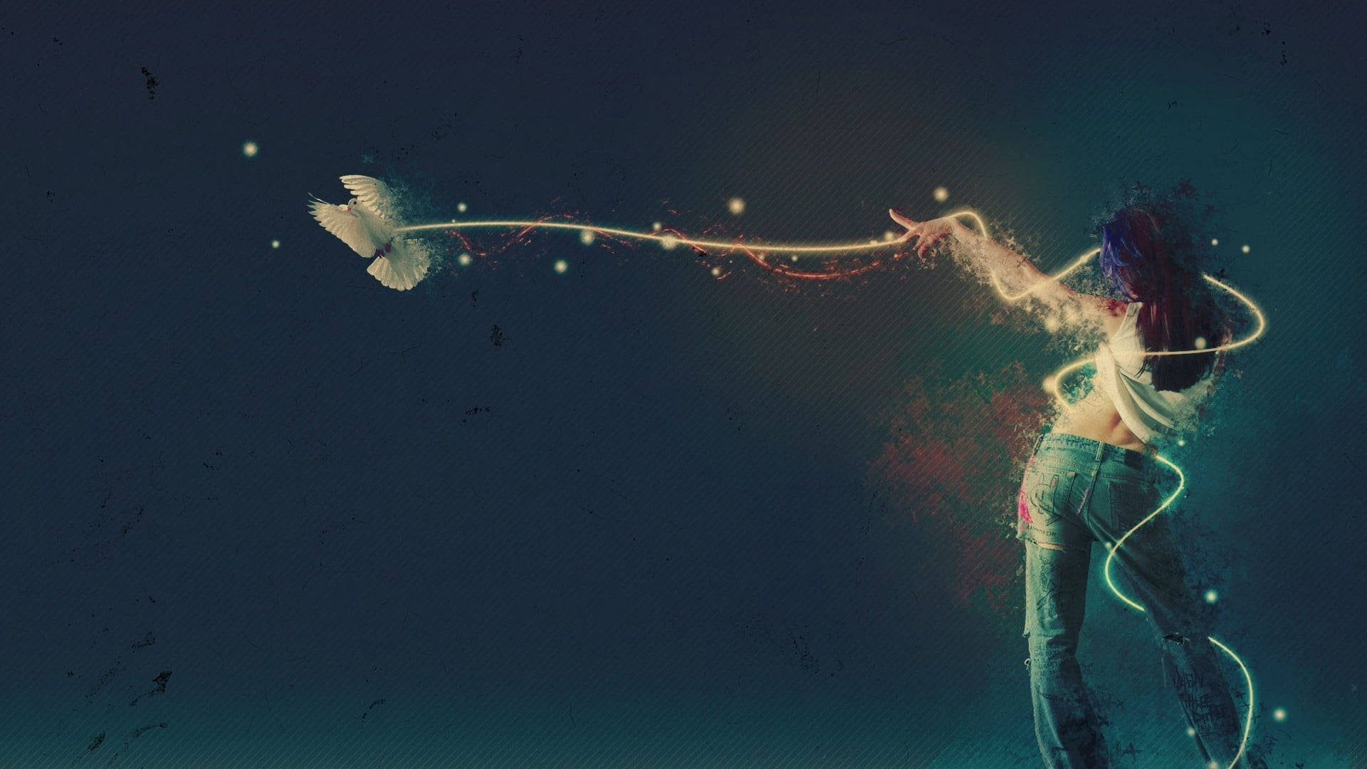 White Dove, glowing leash, purple hair, Full HD Desktop Wallpaper