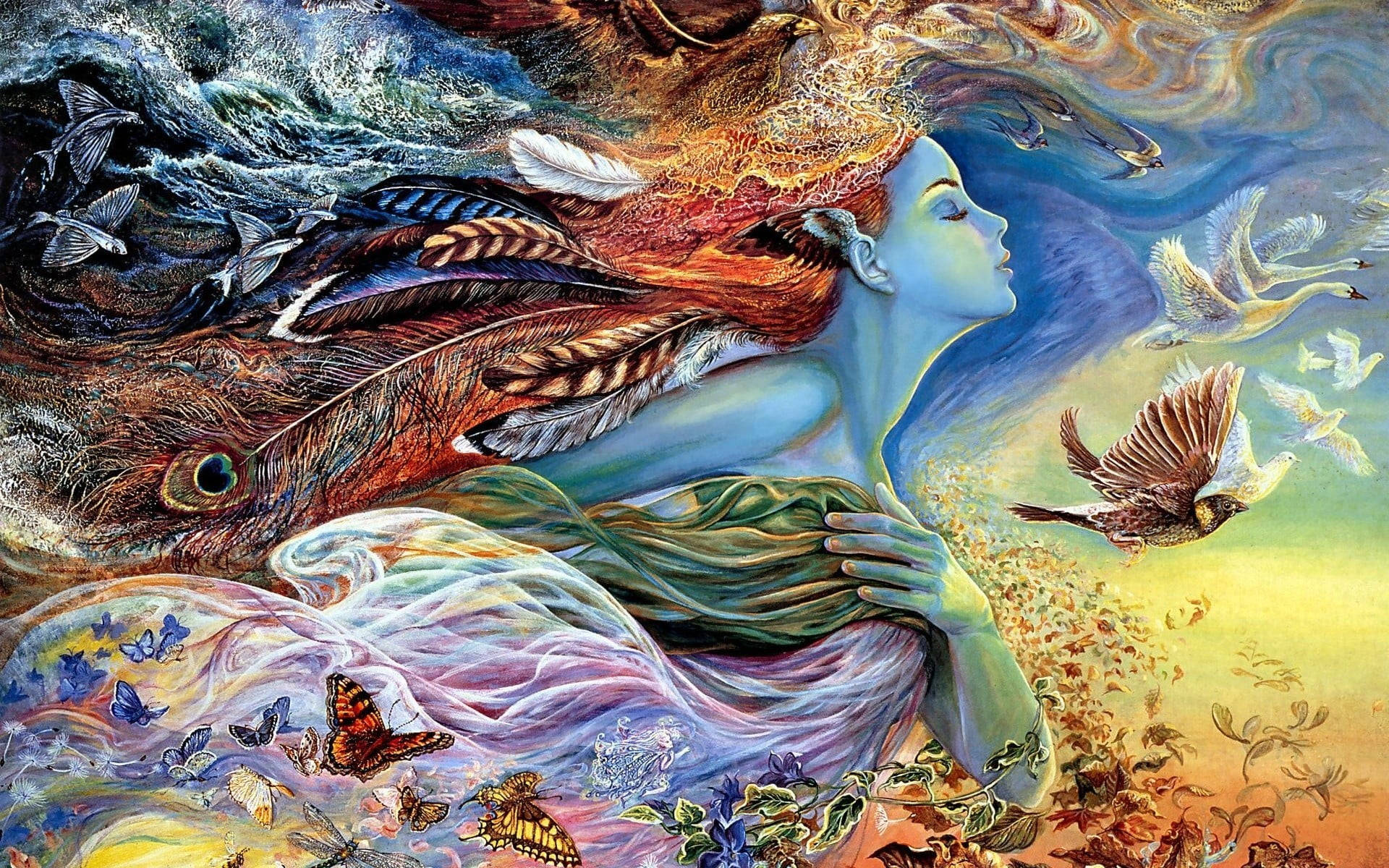 White Dove, goddess painting, blue-skinned woman, Full HD Desktop Wallpaper