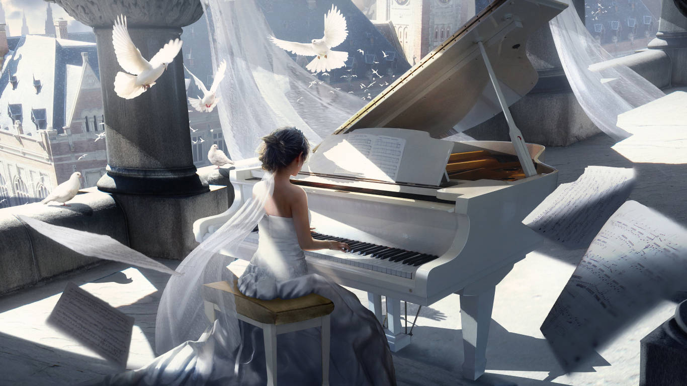 grand piano, white doves, white gown, HD Desktop Wallpaper