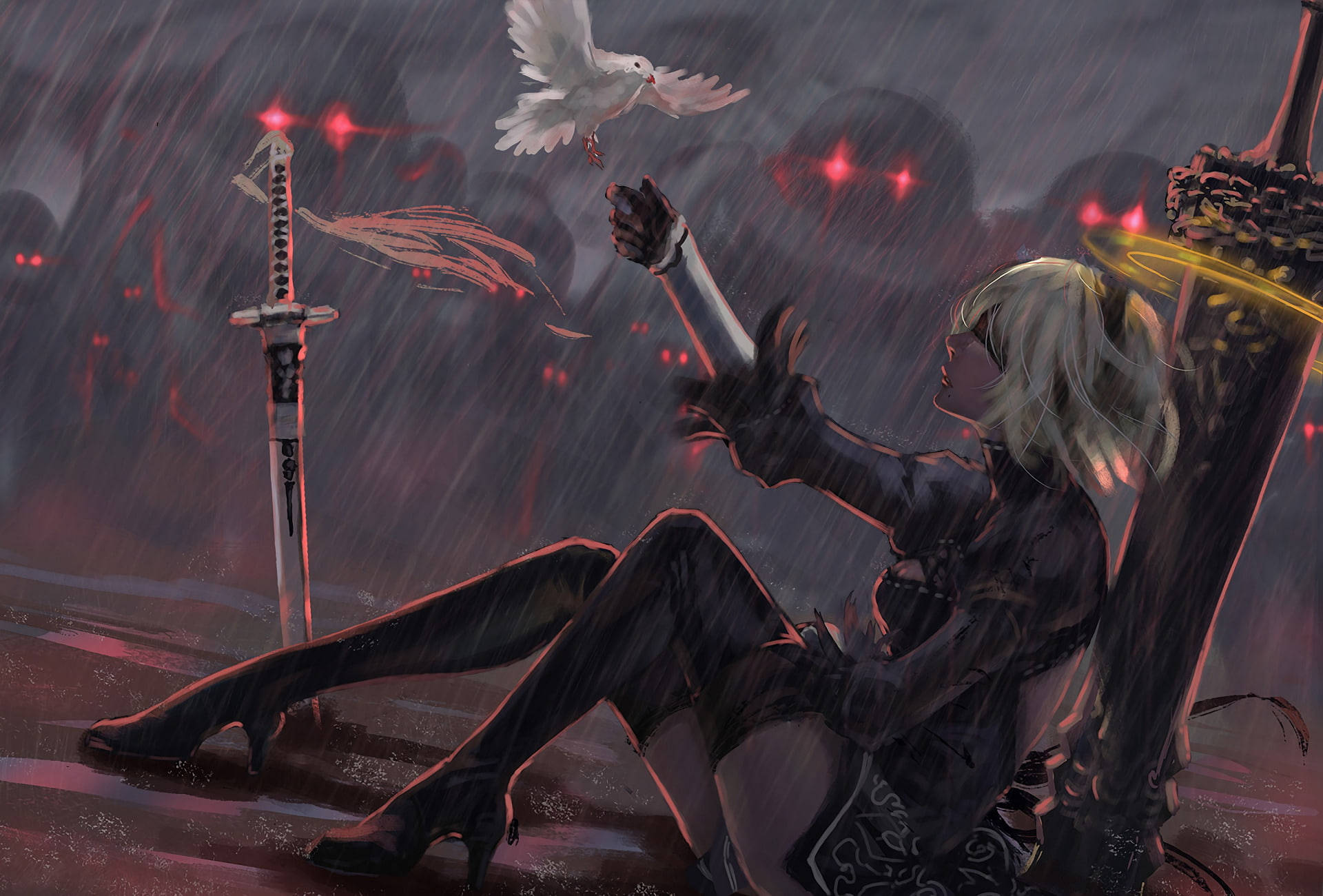 White Dove, rainy night, silver-haired anime girl, Full HD Desktop Wallpaper