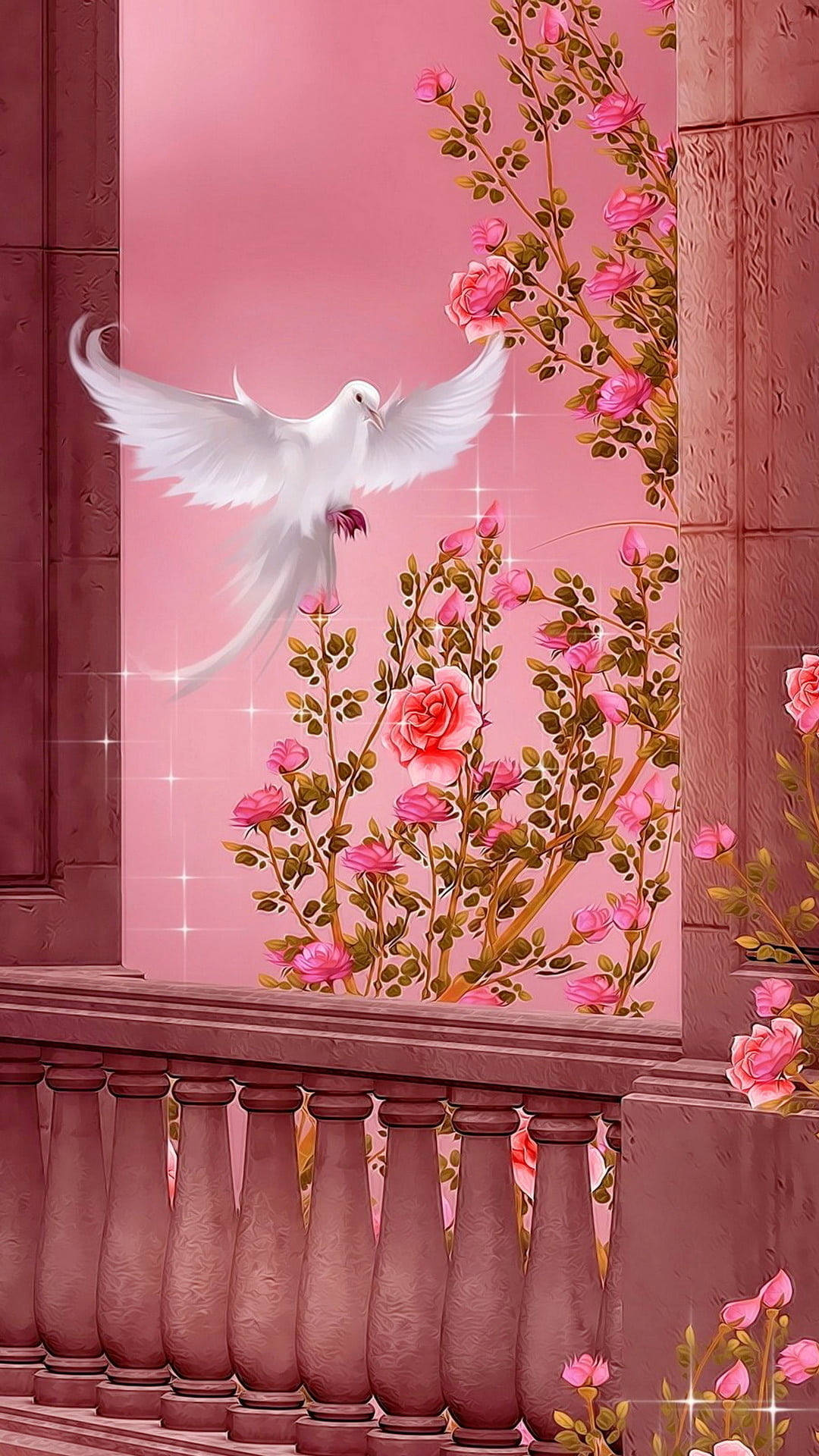 White Dove, pink roses, soft pink sky, Full HD Phone Wallpaper