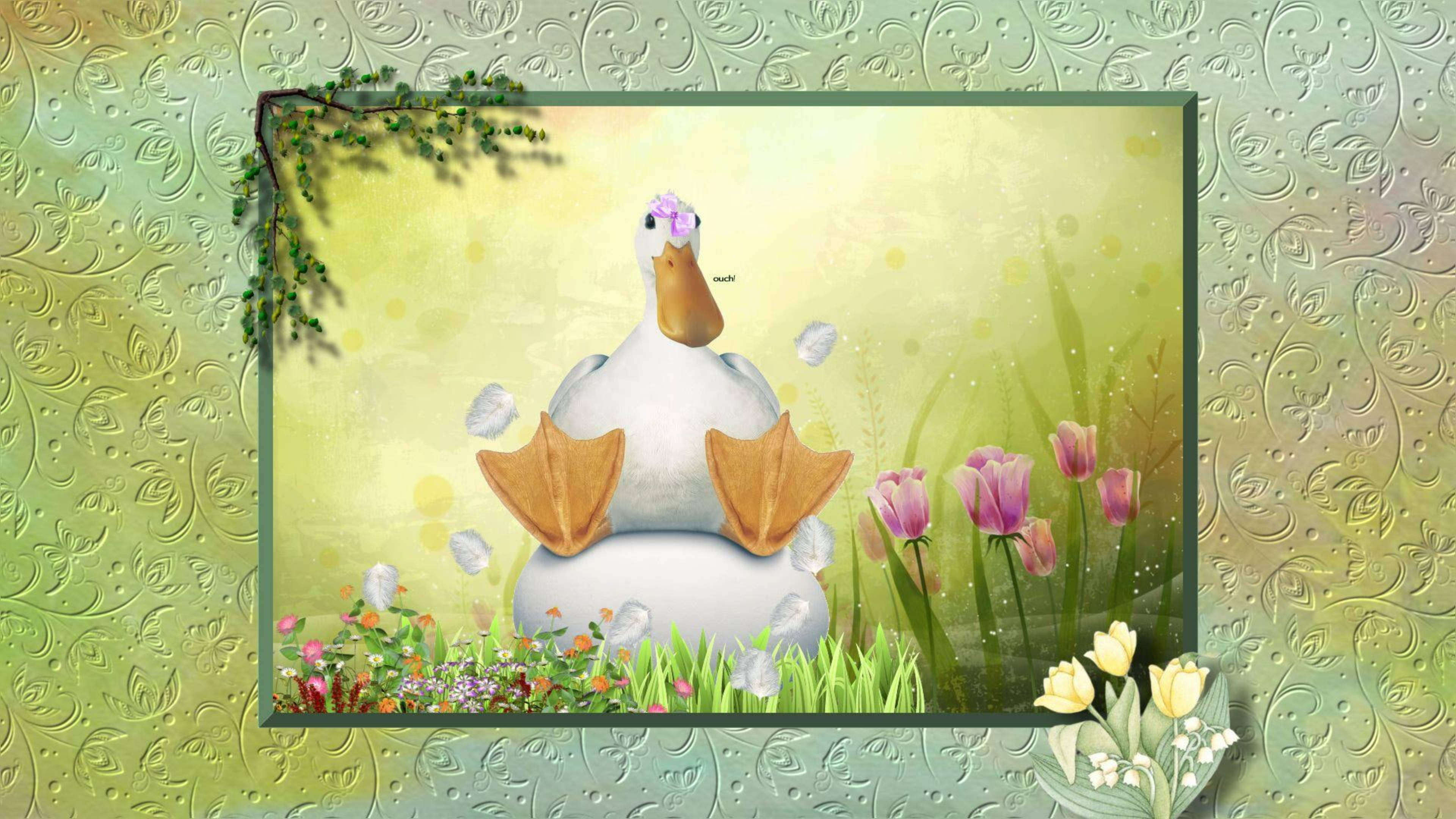 White Duck, purple flower, stone, 4K Desktop Wallpaper