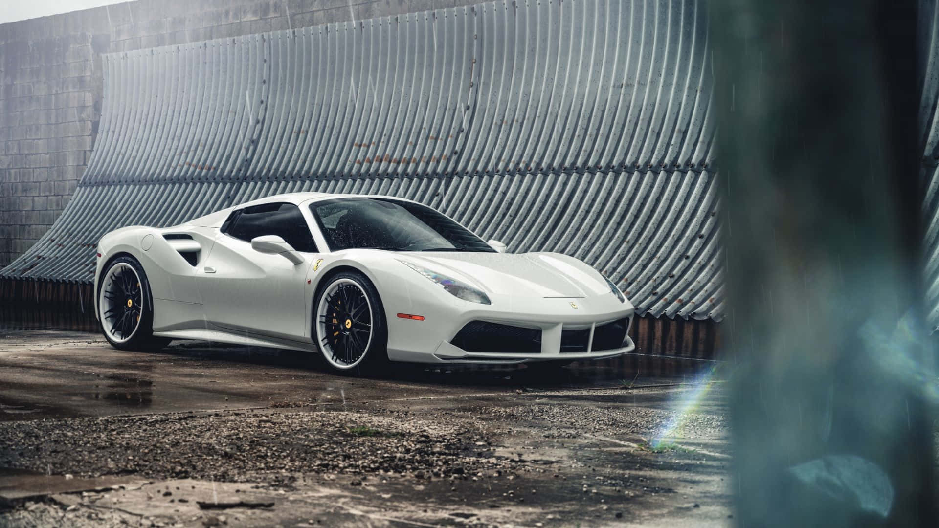 White Ferrari, Ferrari sports car, corrugated metal wall, Full HD Desktop Wallpaper