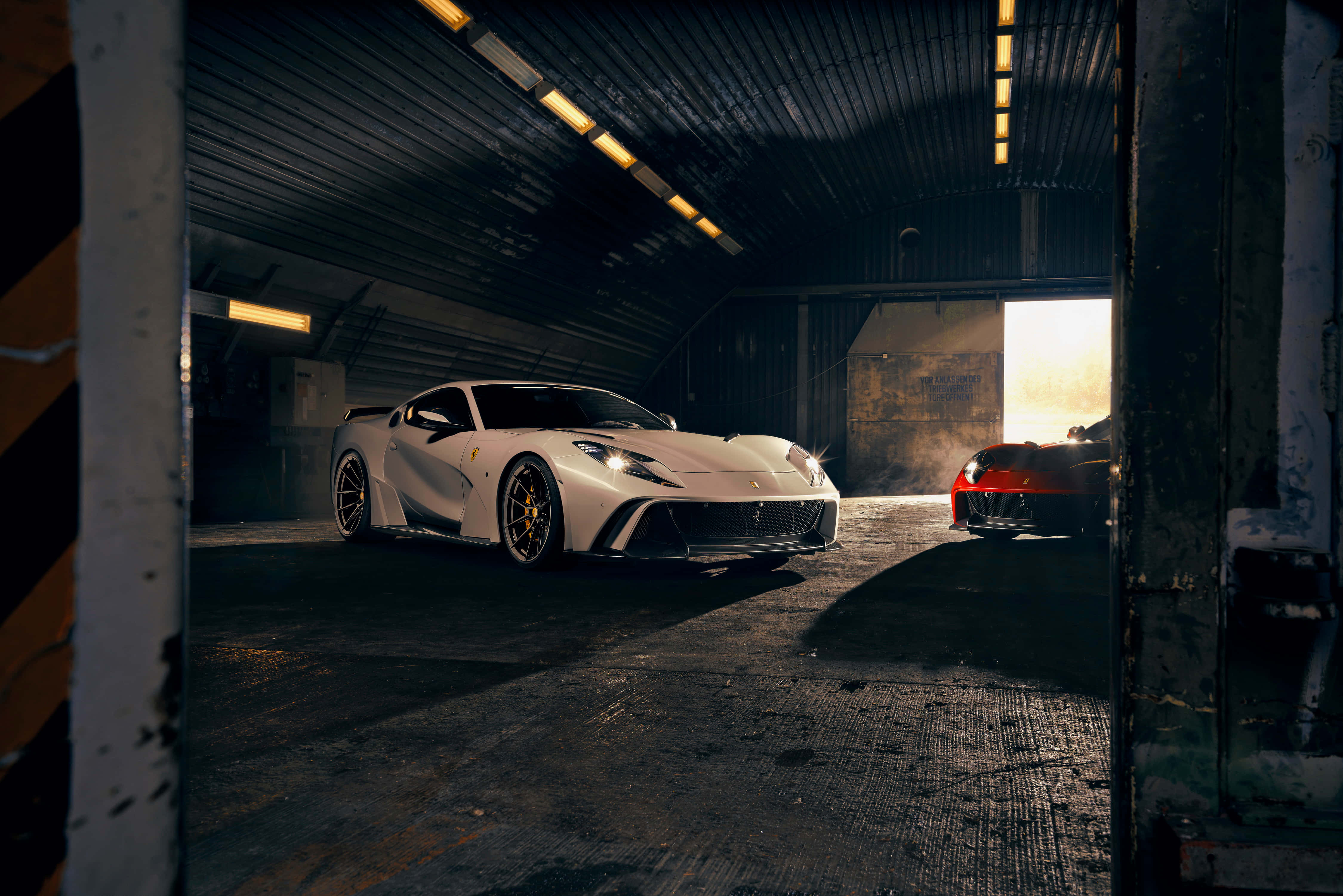 White Ferrari, garage, industrial lights, 4K Desktop Wallpaper