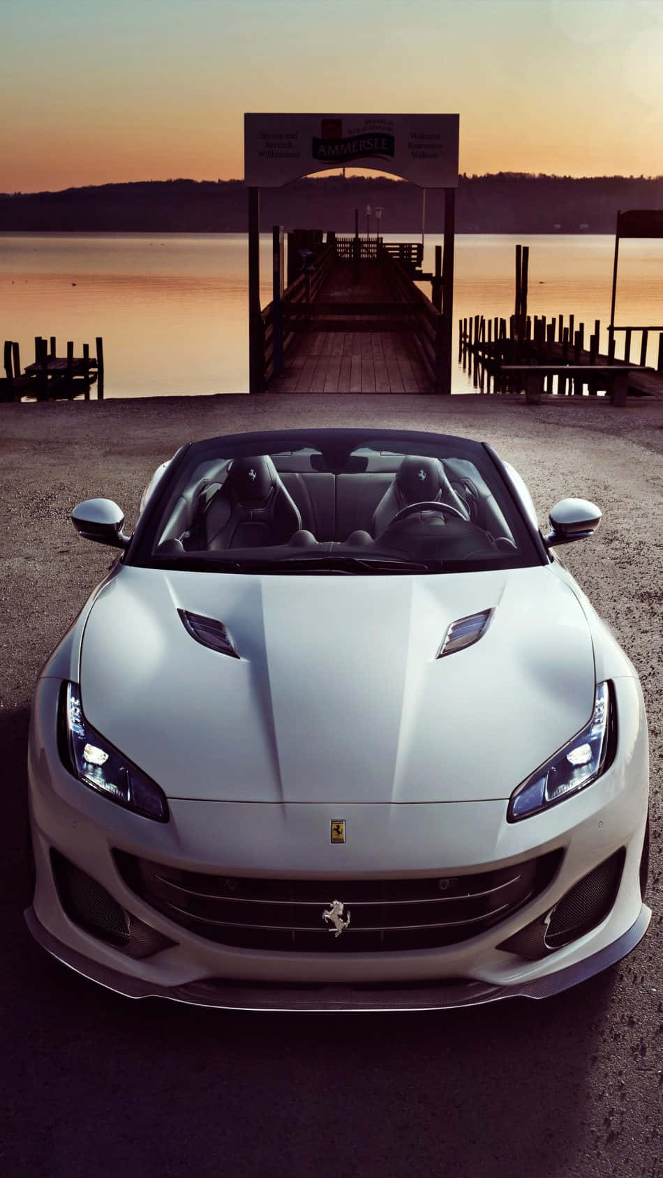 White Ferrari, lakeside dock, golden sunset, HD Phone Wallpaper