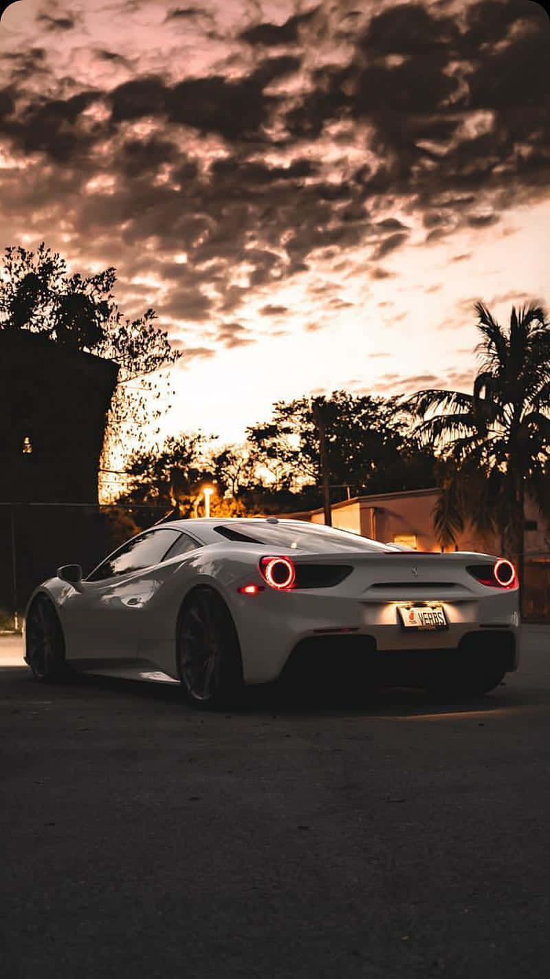 White Ferrari, iPhone, sunset sky, HD Phone Wallpaper