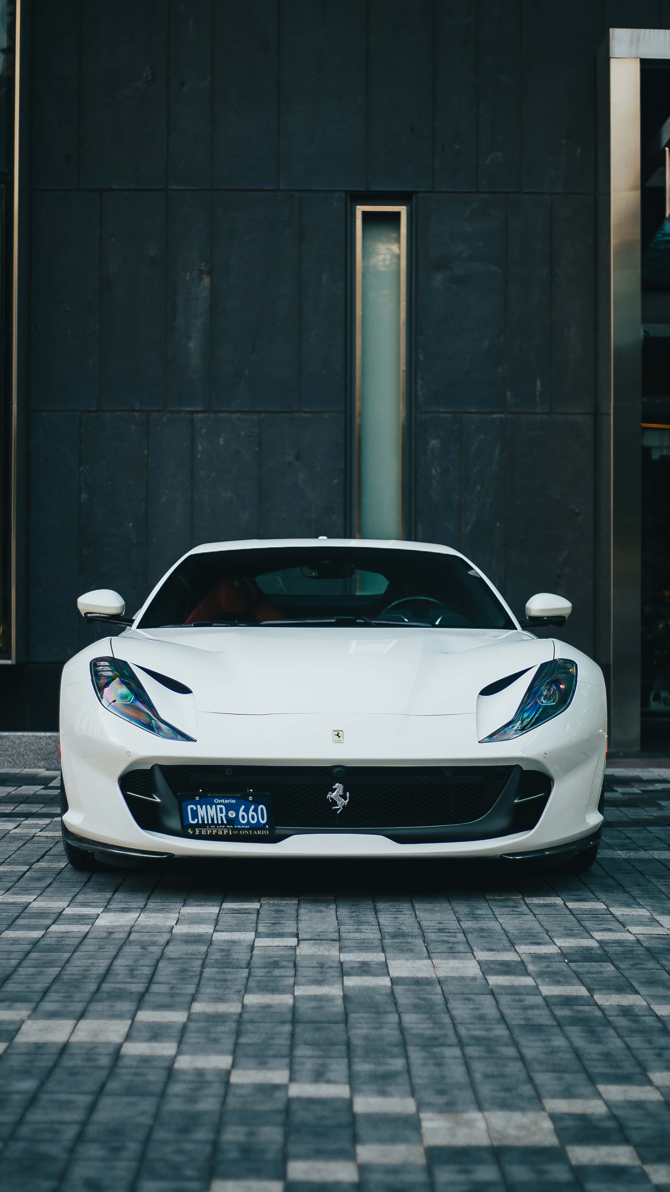 White Ferrari, sports car, checkered pavement, 4K Phone Wallpaper