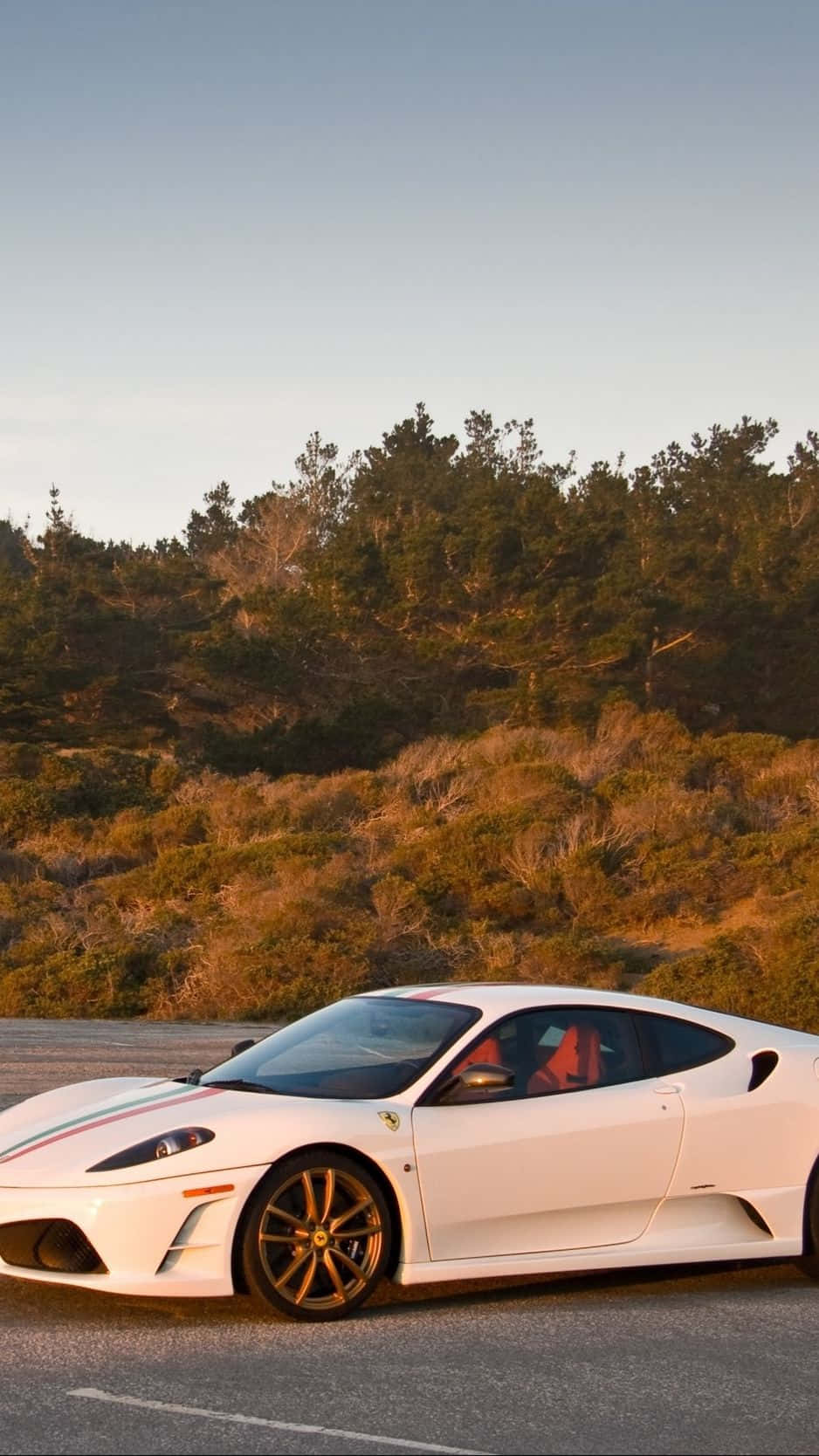 White Ferrari, gold rims, sunset, HD Phone Wallpaper