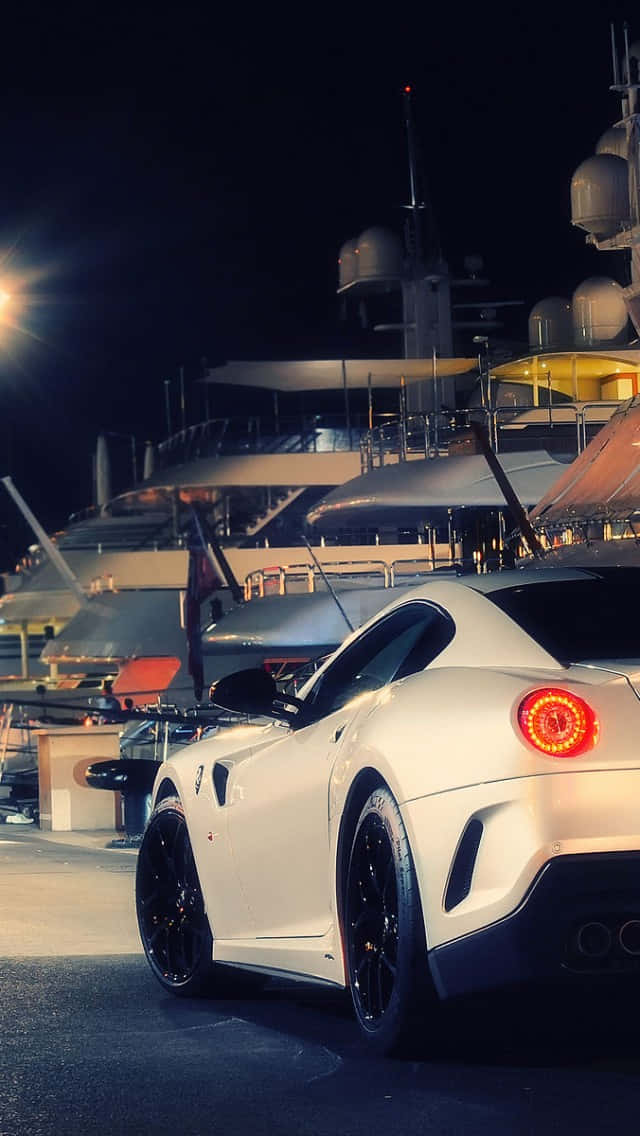 White Ferrari, glowing red taillights, night, SD Phone Wallpaper