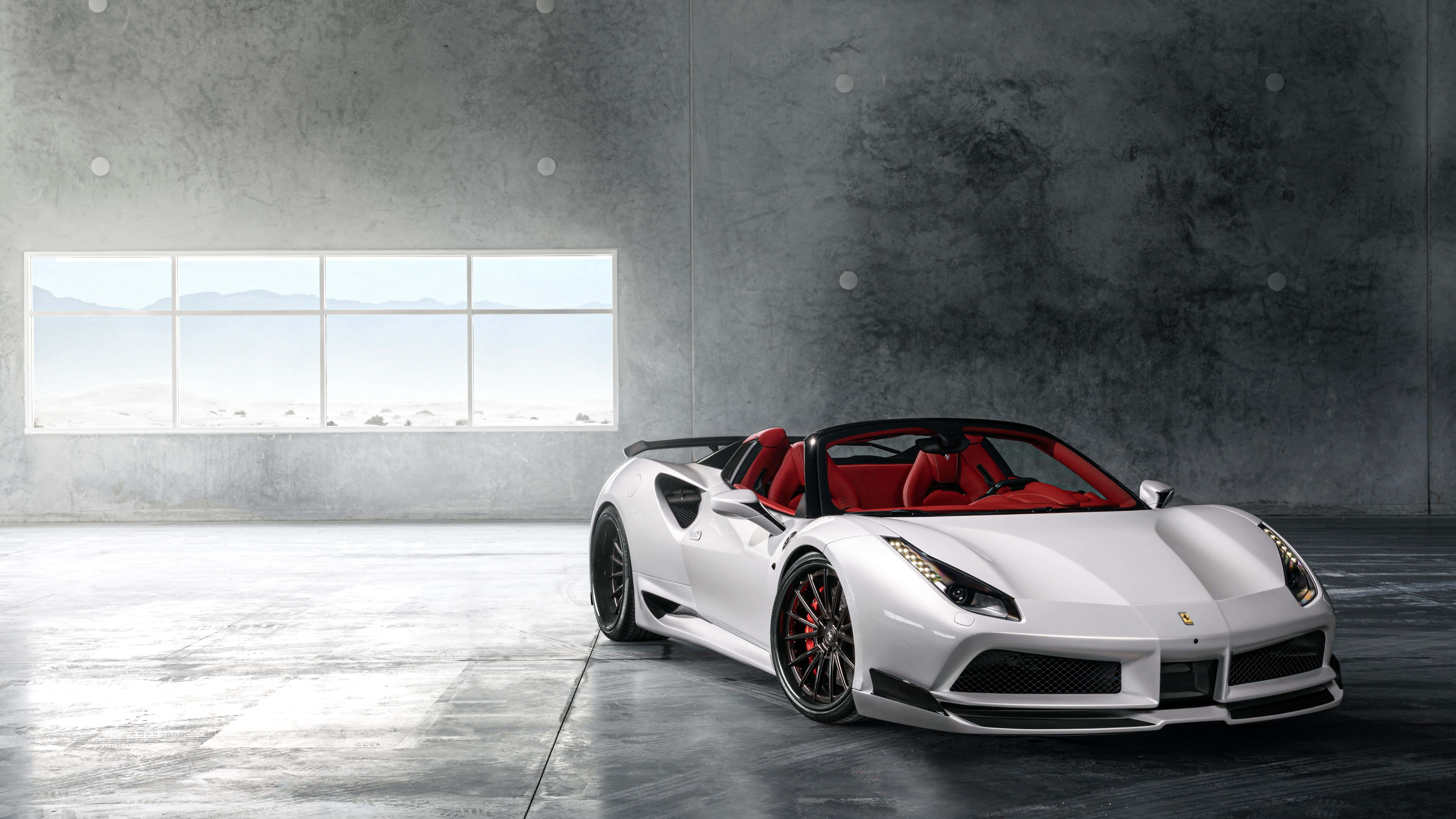 White Ferrari, red interior, minimalist concrete garage, 8K Desktop Wallpaper