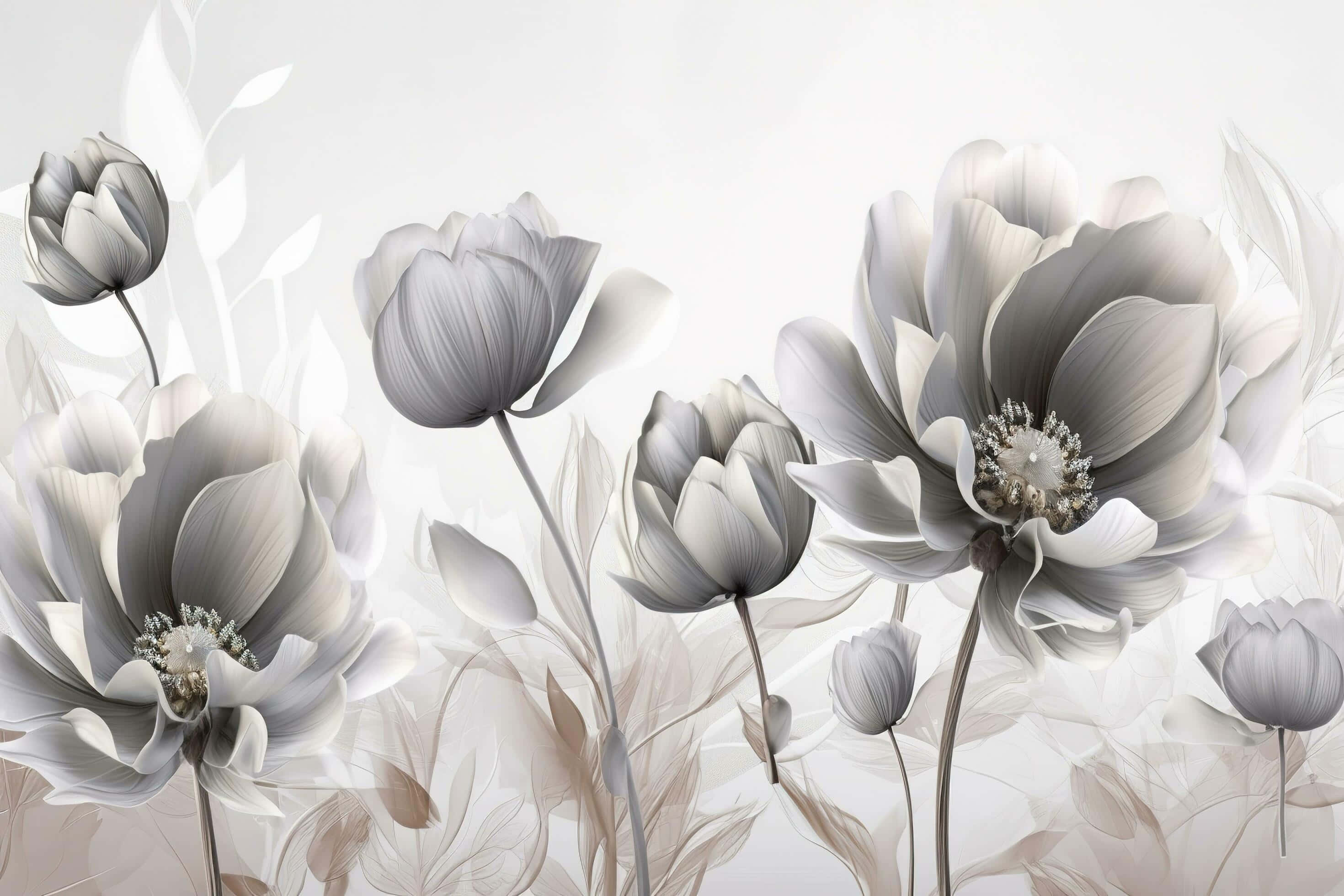 elegant white floral artwork, monochrome anemones, delicate gradients, 2K Desktop Wallpaper