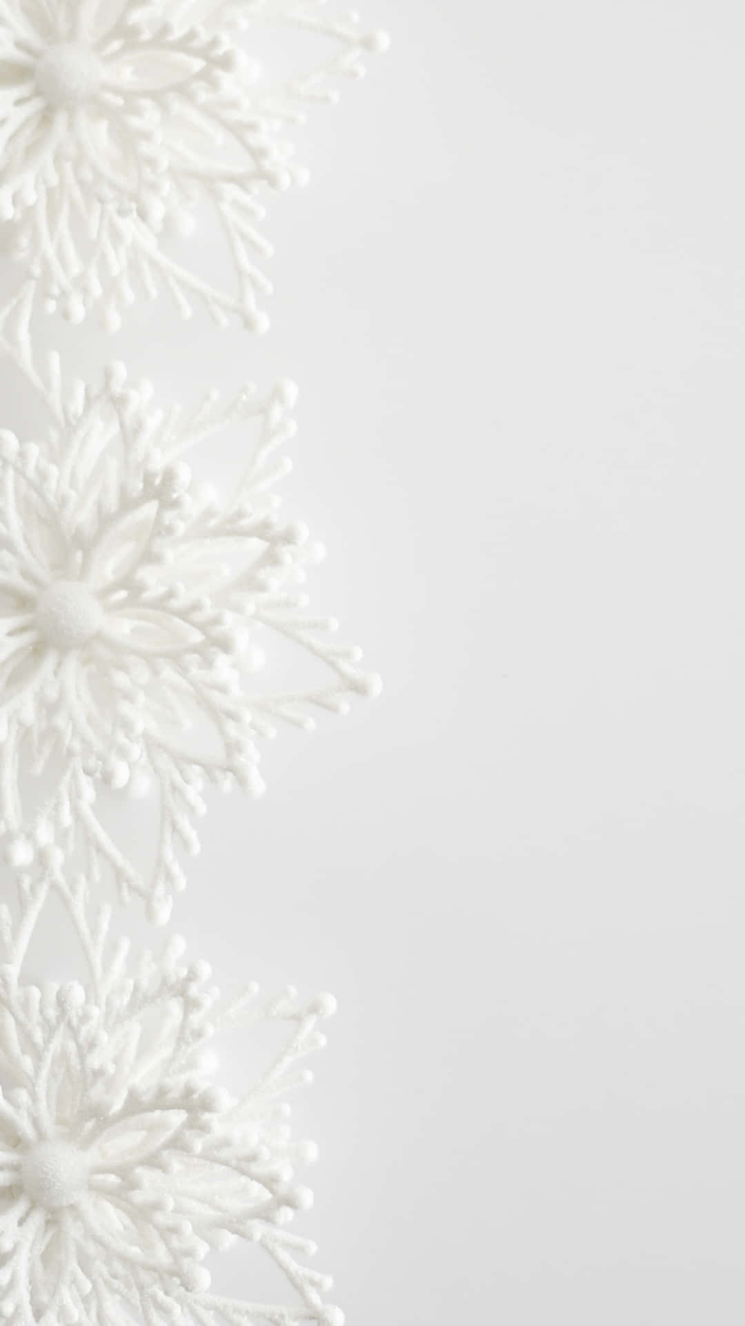 white snowflake ornaments, soft gray background, elegant white floral design, Full HD Phone Wallpaper
