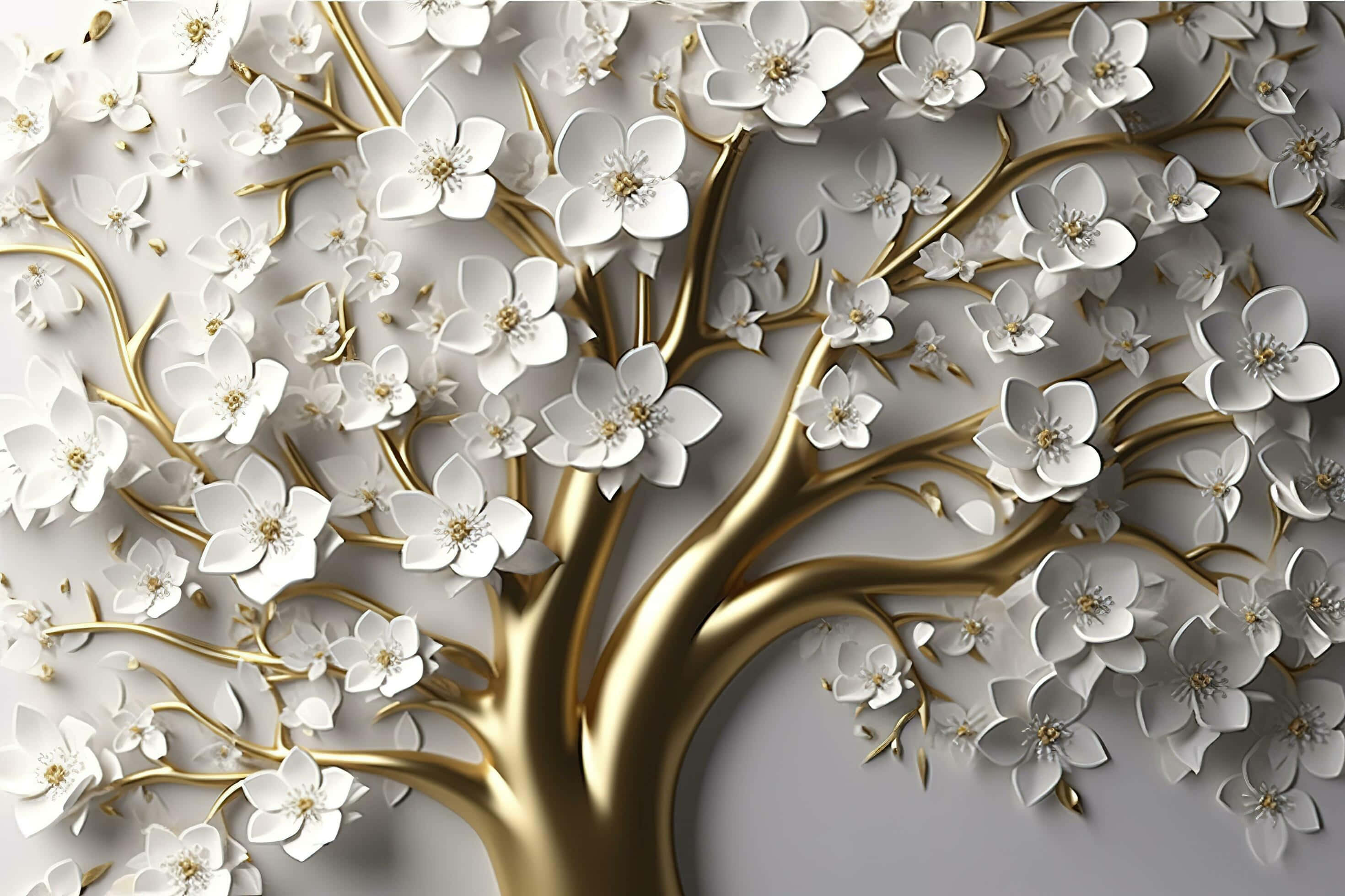Golden Tree, white blossoms, soft gray background, 2K Desktop Wallpaper
