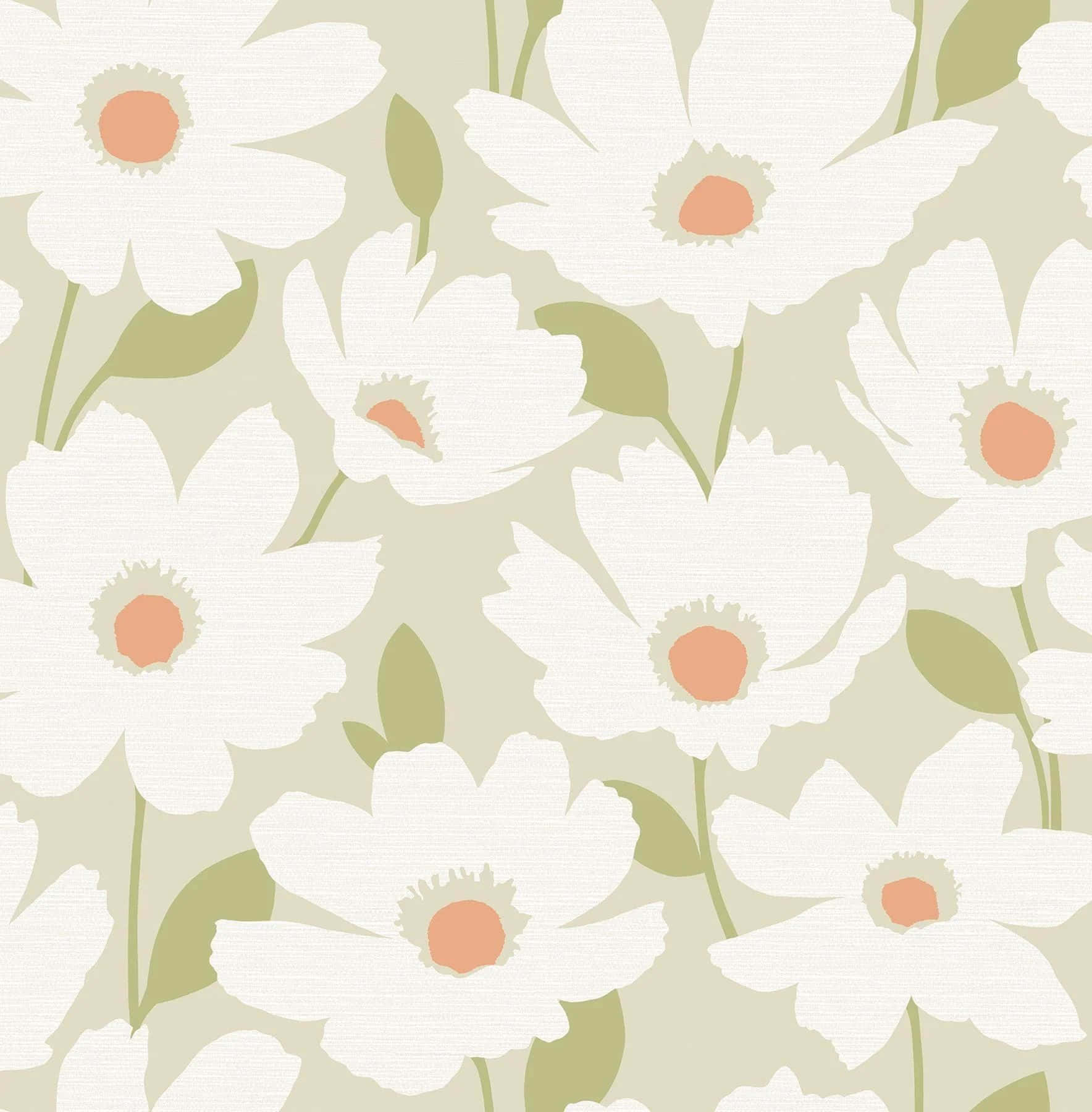 white floral pattern background, peach centers, olive green leaves, HD Phone Wallpaper