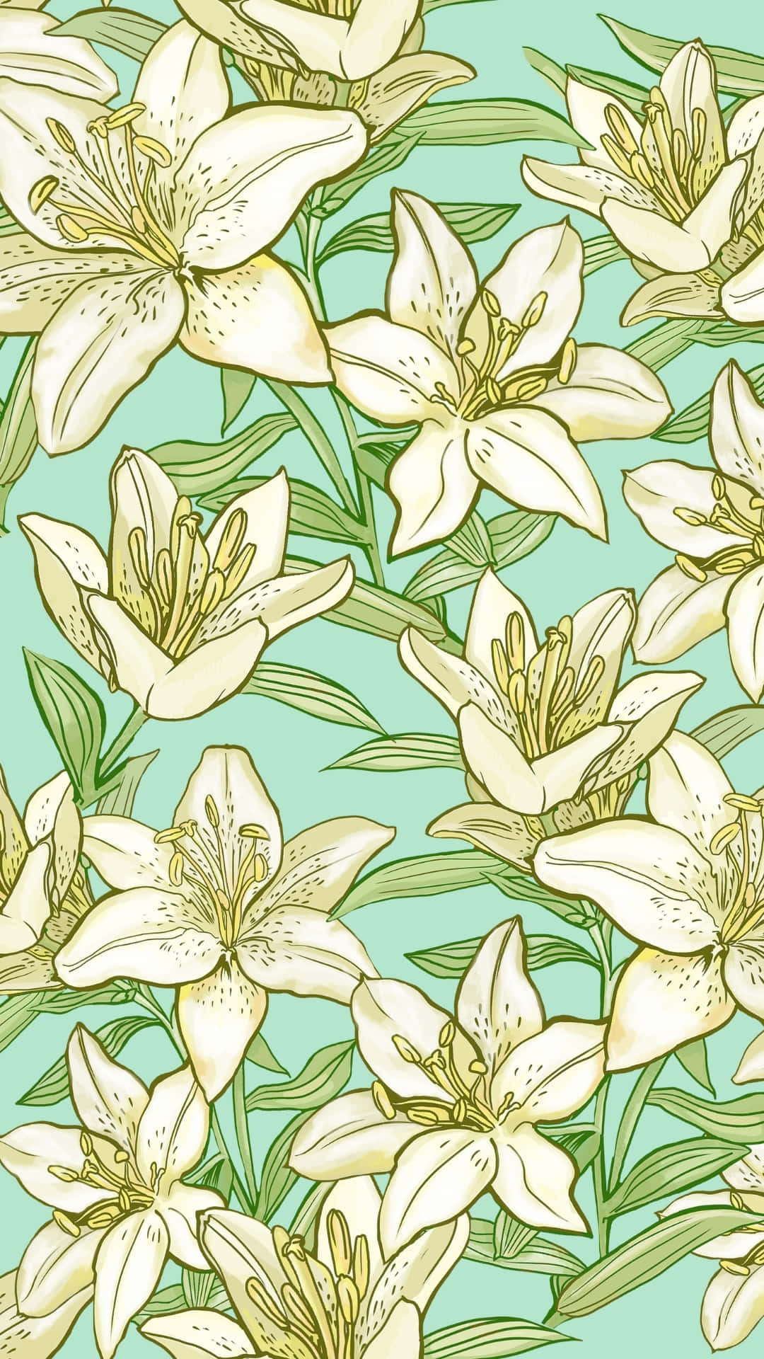 white lilies pattern, cream lilies, green stems and leaves, Full HD Phone Wallpaper