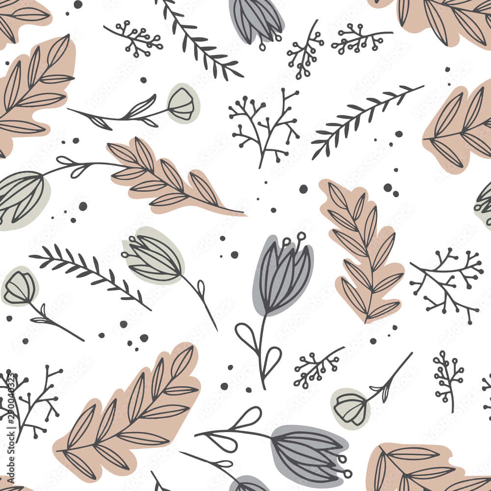 white flower, hand-drawn leaves, soft beige gray, SD Desktop Wallpaper
