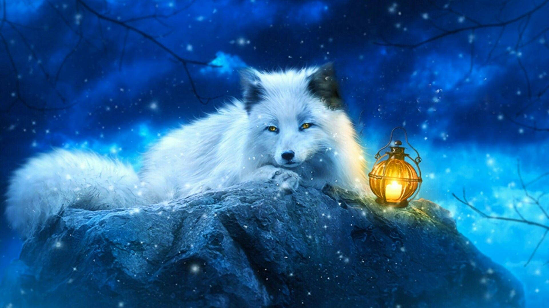 White Fox, snowy rock, starry blue night sky, Full HD Desktop Wallpaper