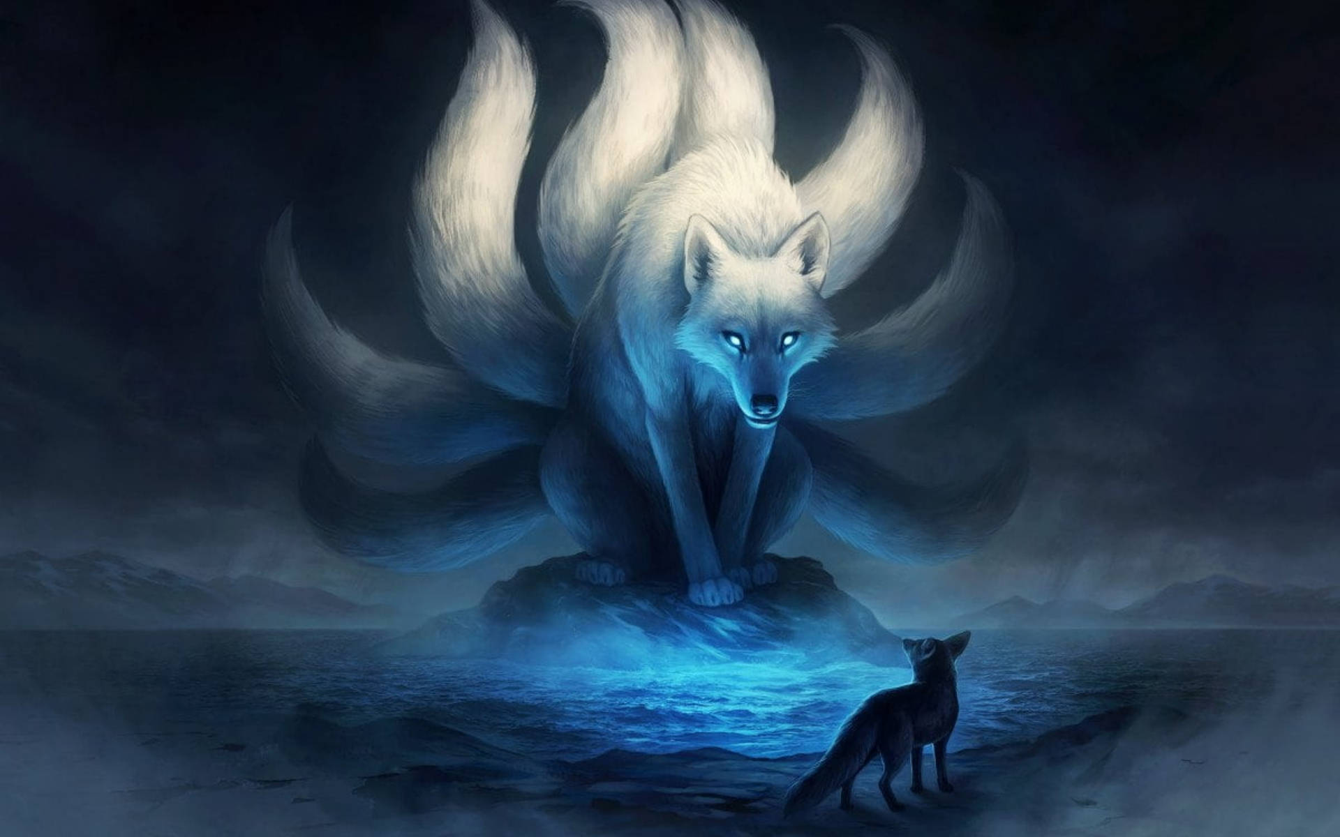 nine-tailed fox, glowing blue eyes, glowing rock, Full HD Desktop Wallpaper