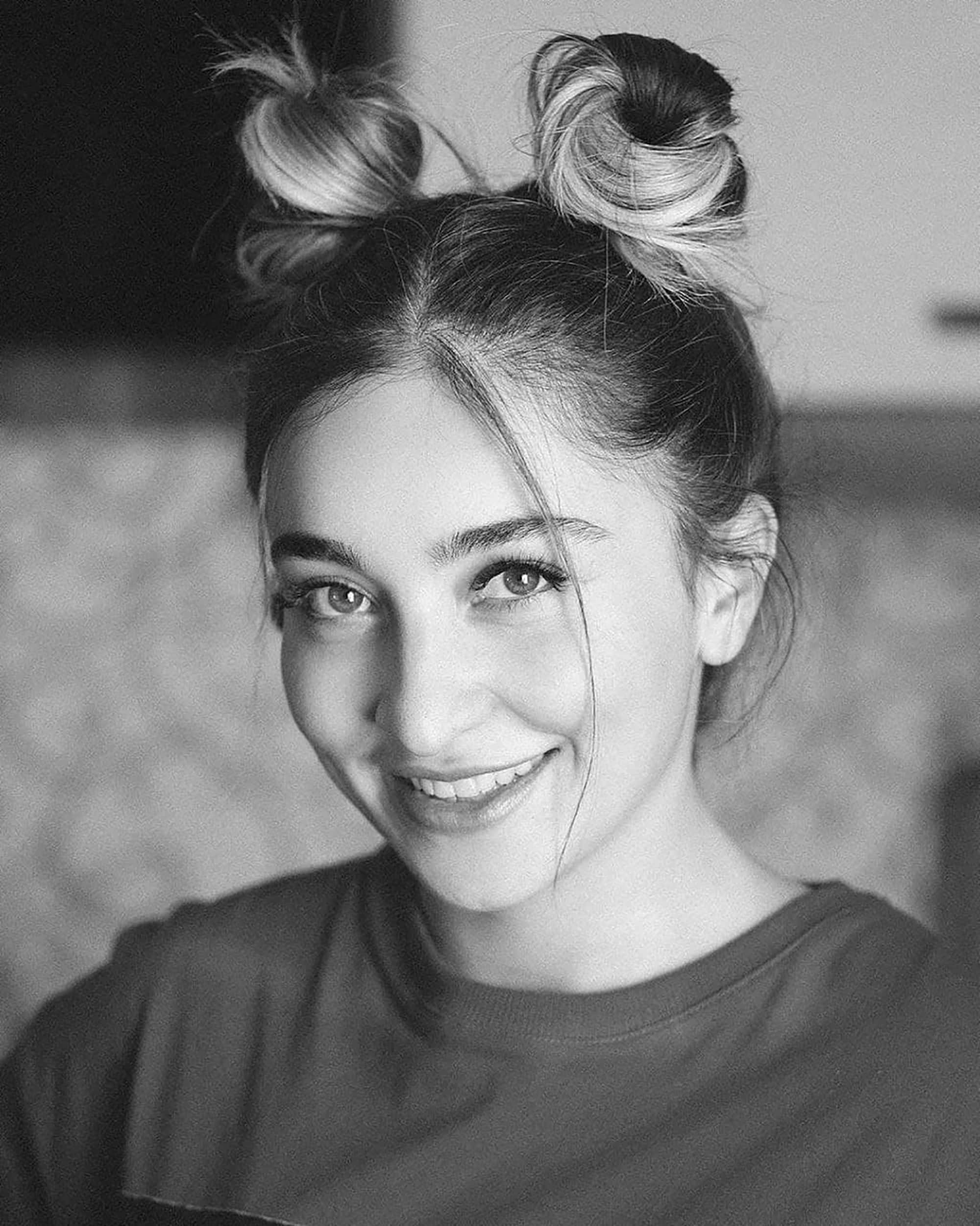 double buns hairstyle, young woman, black and white portrait, Full HD Phone Wallpaper
