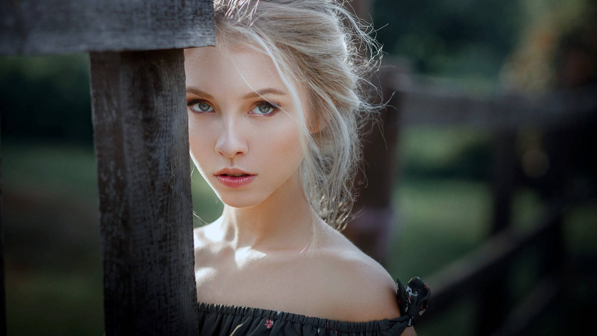 blonde hair, porcelain skin, weathered wooden fence, Full HD Desktop Wallpaper