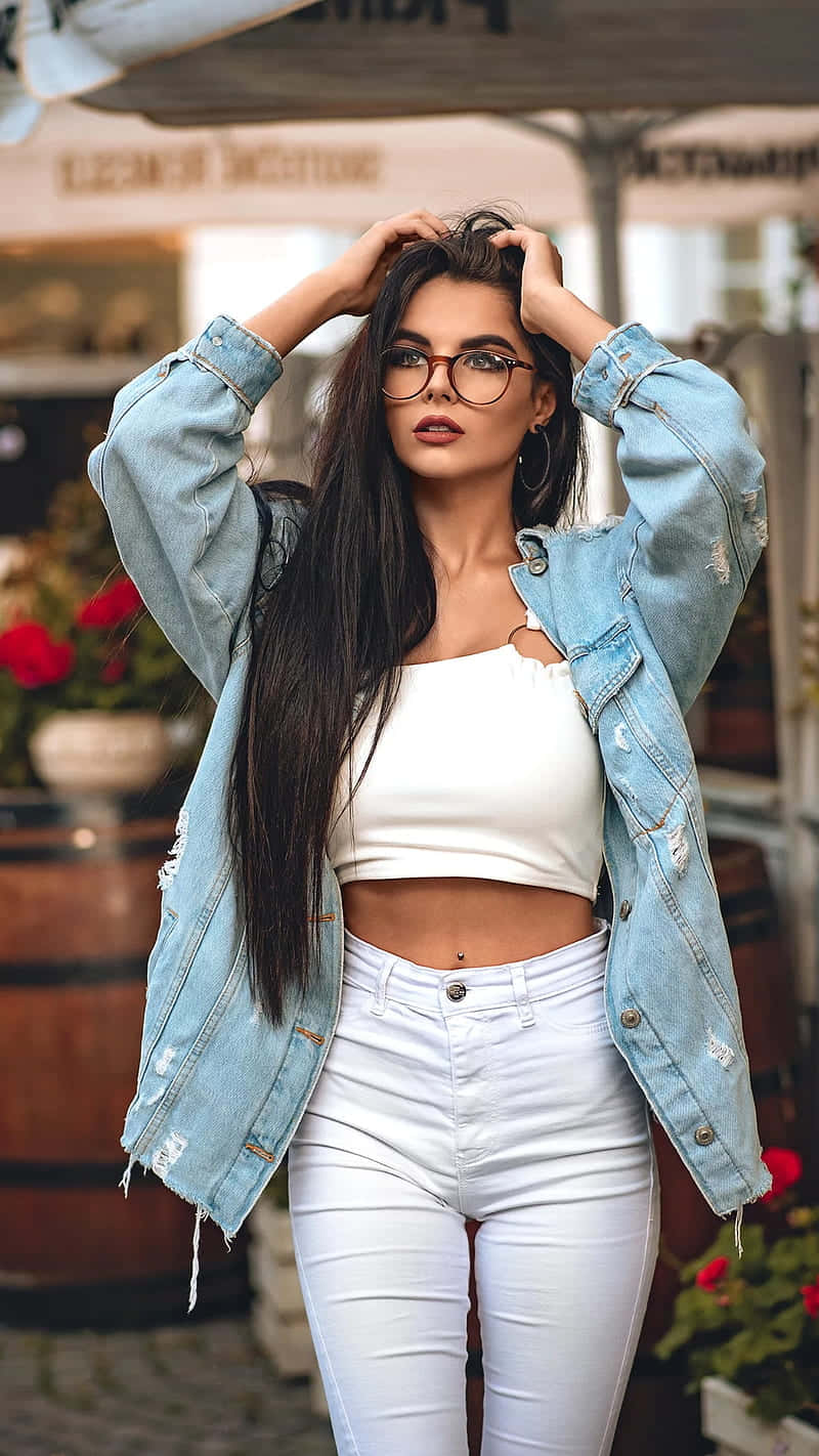 white outfit, ripped denim jacket, outdoor cafe, HD Phone Wallpaper