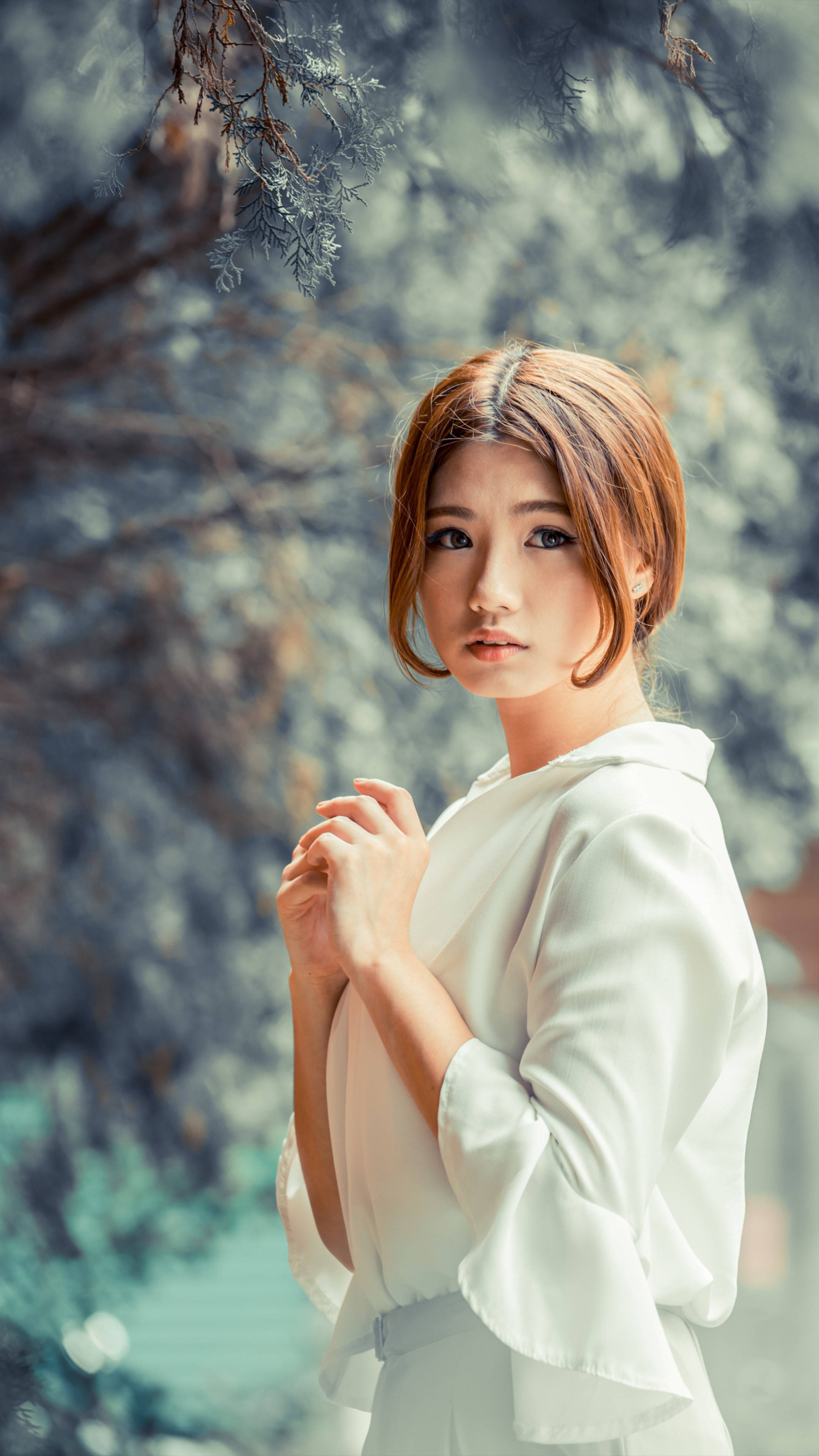 Phone Girl In White, white blouse, soft natural light, 4K Phone Wallpaper