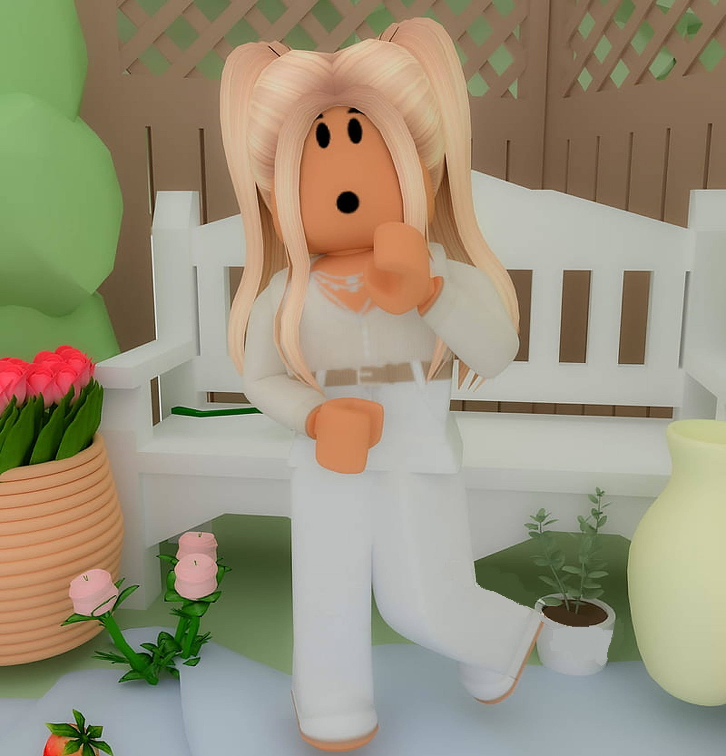 Roblox-style character, blonde pigtails, white bench, Full HD Phone Wallpaper