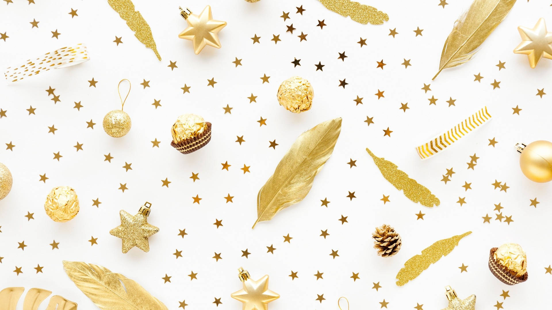 white background, golden stars, feathers, Full HD Desktop Wallpaper