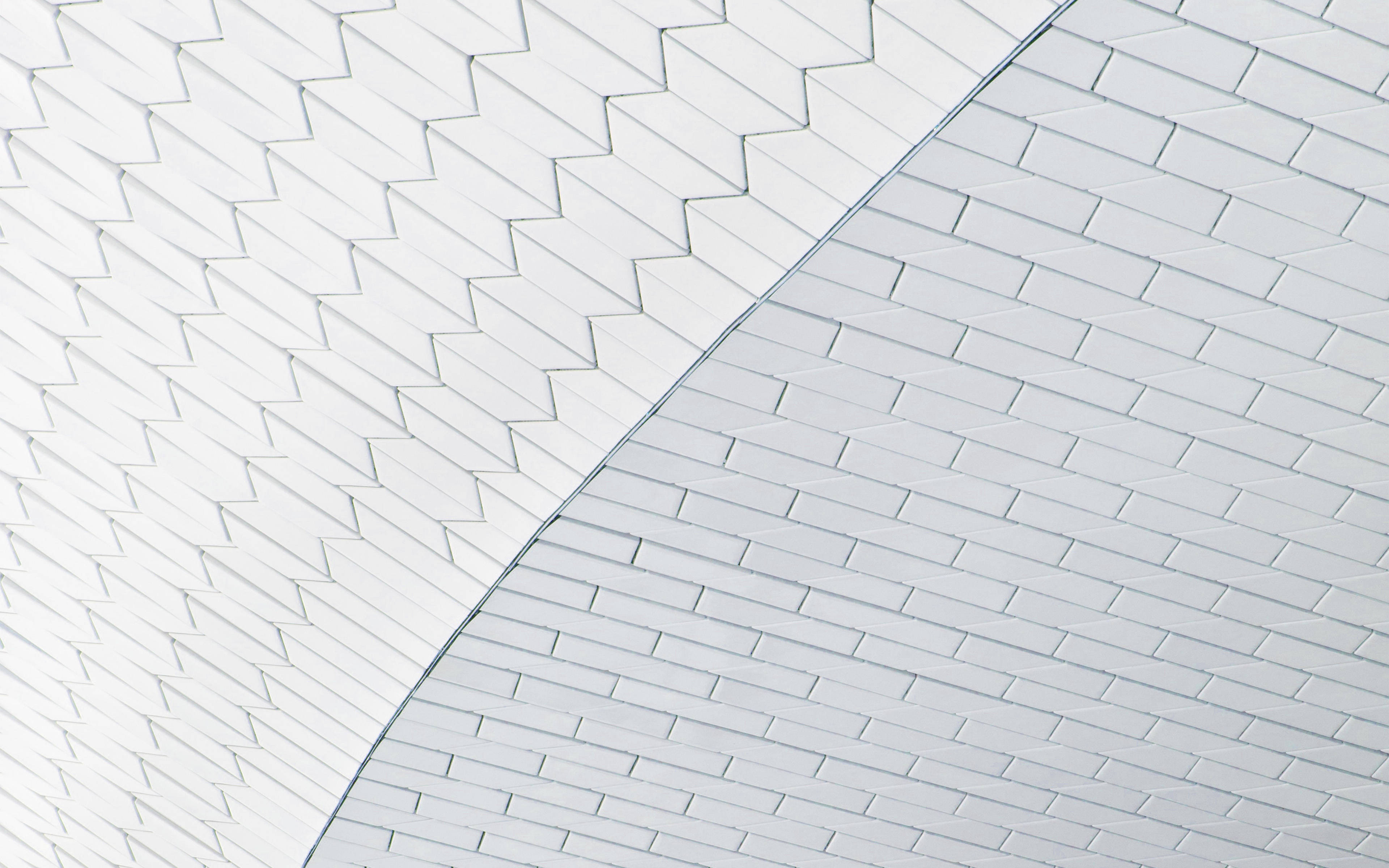 Bright White Grid Brick Ceiling, white architectural textures, zigzag pattern, 4K Desktop Wallpaper