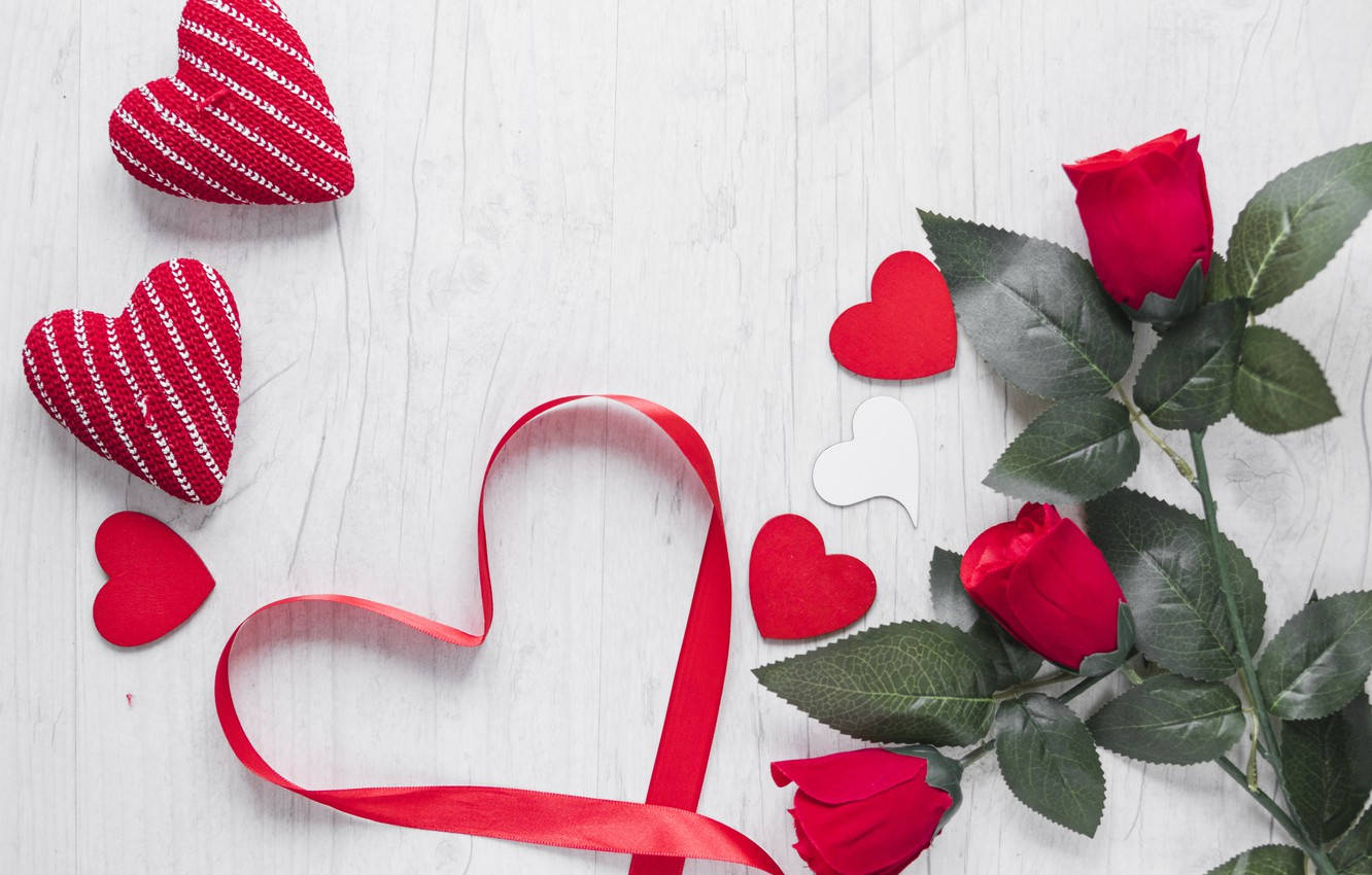 red roses, white wooden surface, Valentine's Day, HD Desktop Wallpaper