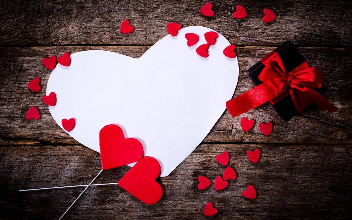 White Heart, red paper hearts, gift box, SD Desktop Wallpaper